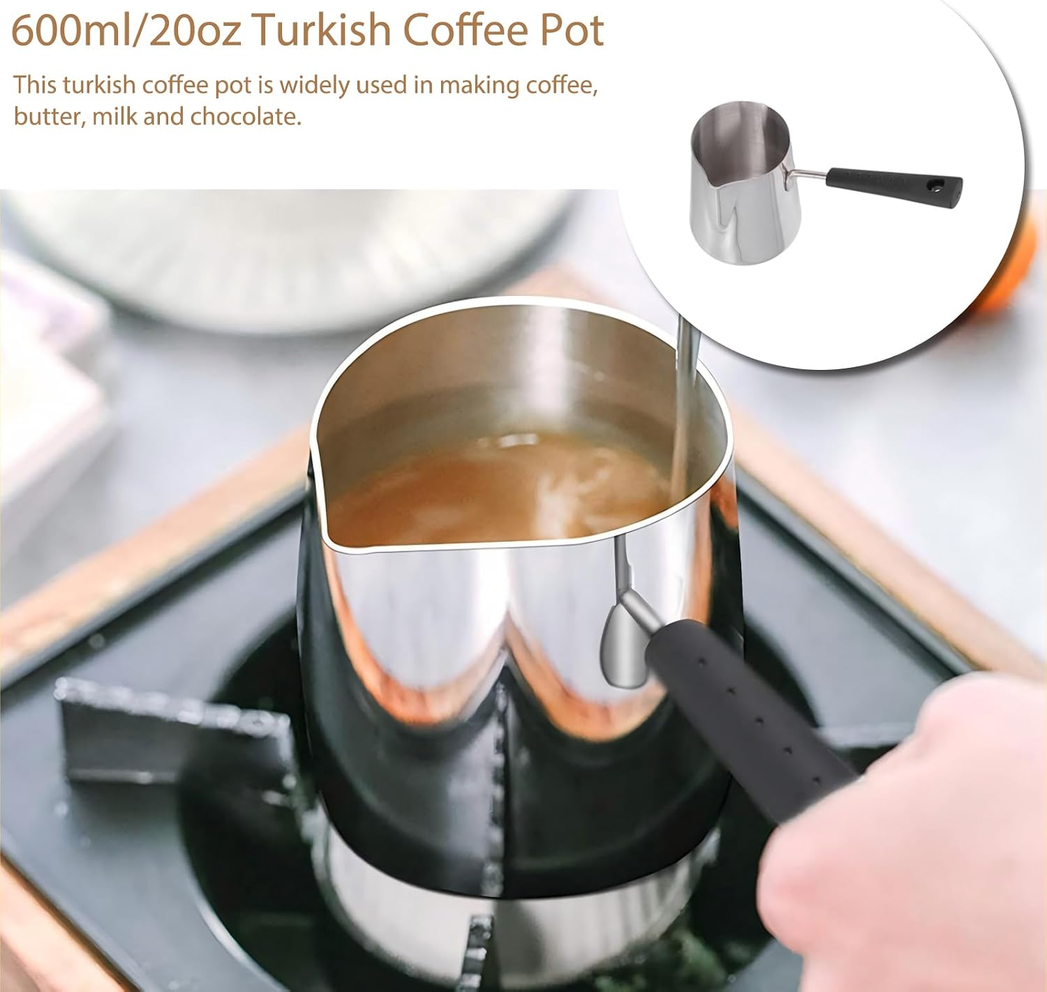 600ml/20oz Turkish Coffee Pot, Milk Butter Warmer Pot with Spout, 304 Stainless Steel Chocolate Melting Pan Coffee and Butter Warmer with Handle and Brush for Chocolate Heating, Camping