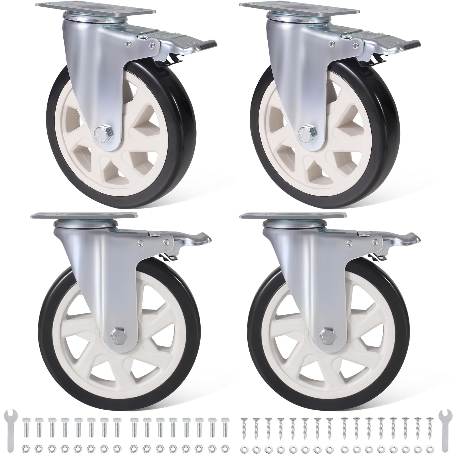 Nfbcxutkw 5 6 Inch Caster Wheels 3000Lbs,Casters Set Of 4 Heavy Duty With Dual Locking,Polyurethane No Noise Wheels Swivel Casters For Cart, Workbench And Furniture(Screws & Spanners)