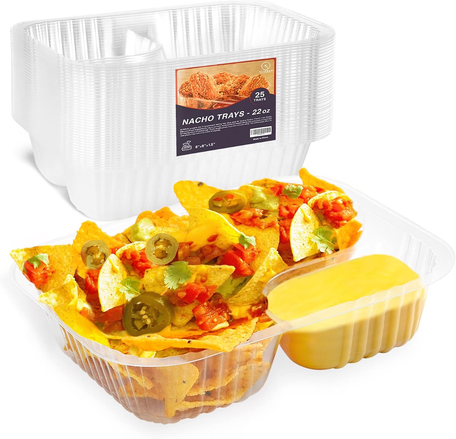 100 Pcs Nacho Trays - Large 6"x8" Disposable 22 Oz - 2 Compartments Clear Plastic Nacho Containers with Chip and Dip Holder - Ideal For All Occasions