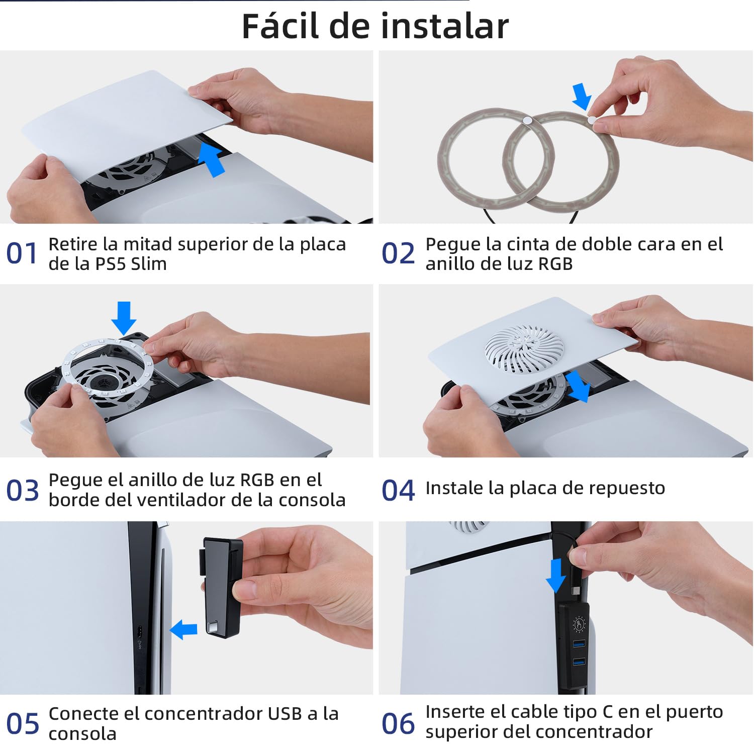 Mcbazel Tira de LED RGB con Placa Frontal de Reemplazo y Agujero de Refrigeración, Set de Accesorios con Hub USB para PS5 Slim Edición Disco/Digital – Blanco(No para PS5/PS5 Pro)