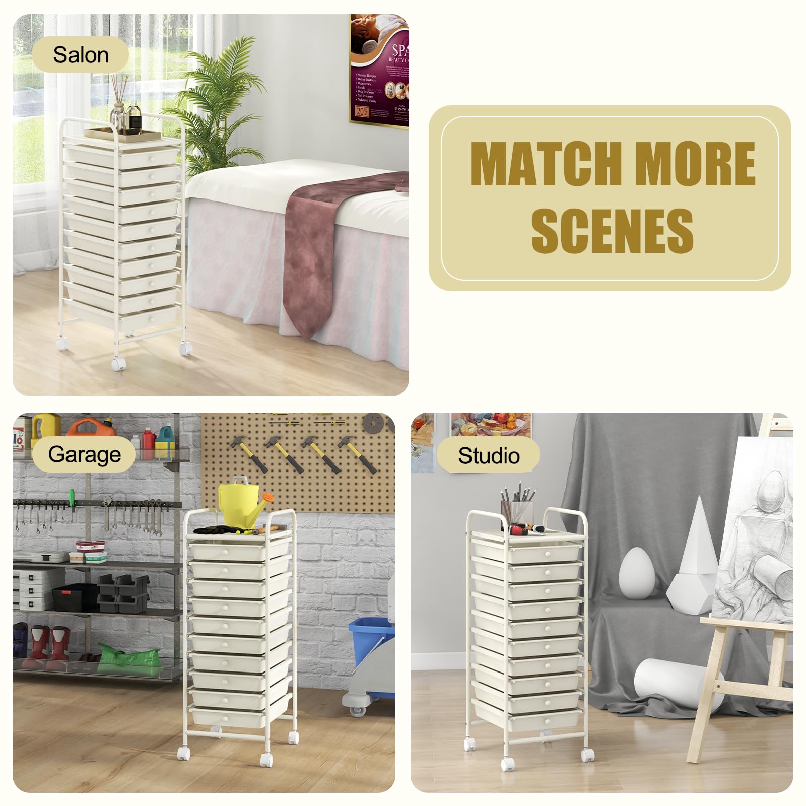 GIANTEX Carro de Almacenamiento 10 Cajones, Estantería con 4 Ruedas (2 con Frenos), Carrito de Plástico con Marco de Metal, Organizador para Oficina, Cocina, Baño, 33x37x86 cm (Blanco)