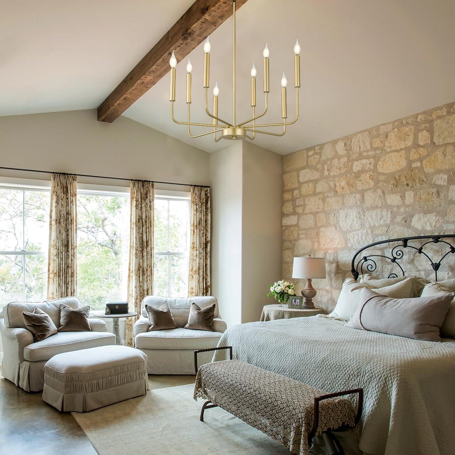 Modern Gold Farmhouse Chandeliers, 8-Light Industrial Metal Chandelier Lighting, Classic Candle Hanging Pendant Light Fixtures for Kitchen Bedroom, Dining Room, Living Room,Foyer