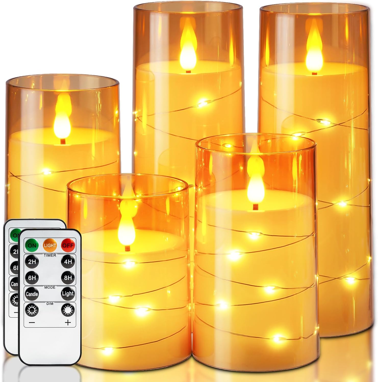 Homemory Acrylic Flameless Candles with Embedded Star String Fairy Lights, Battery Operated Candle, LED Candles, Fake Candles with Remote Control and Timer for Halloween, Amber, Set of 5(H4"5"6"8"8") Gold-5pcs