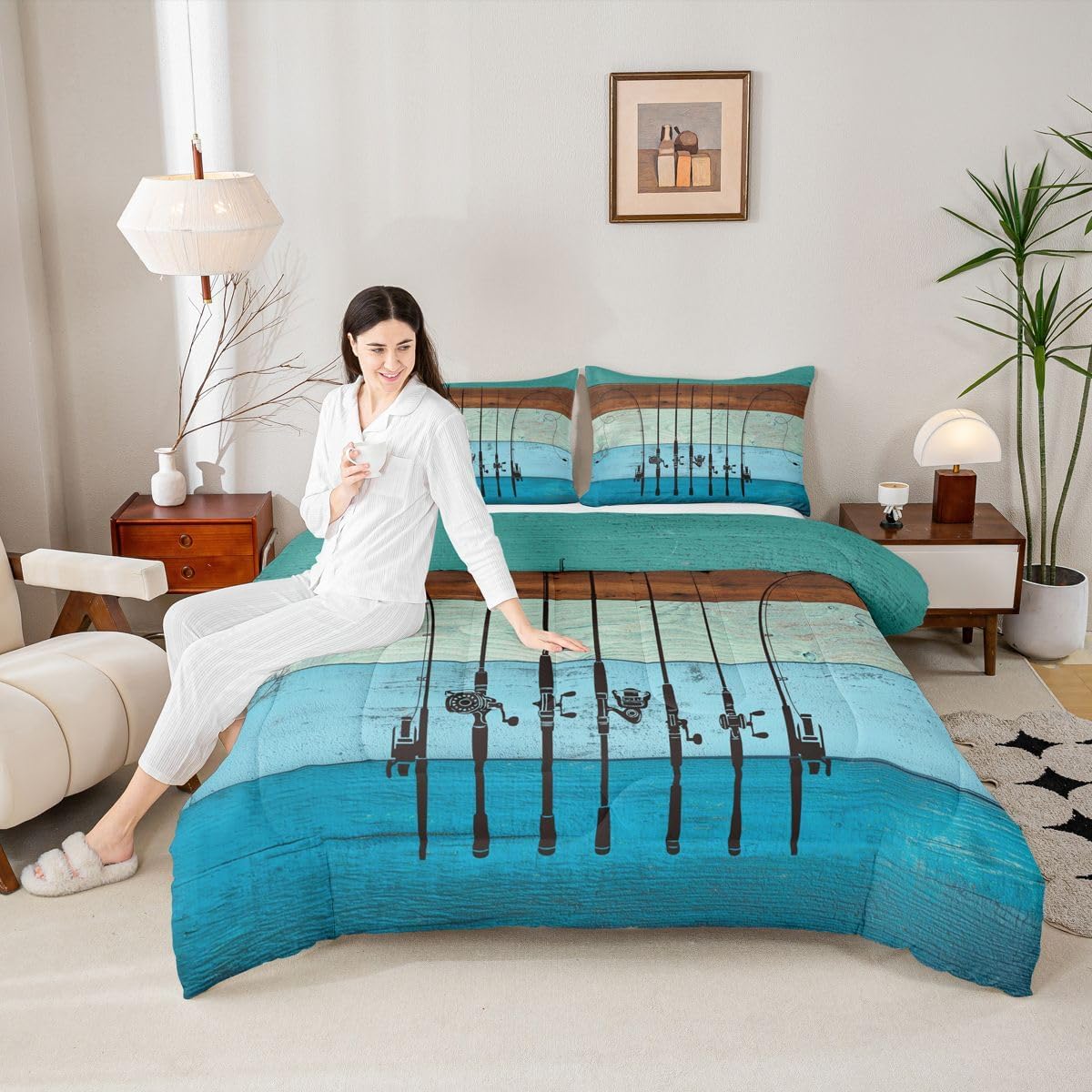 Fishing Quilt Fishing Pole Queen Comforter Set Fishing Gifts for Men,Vintage Rainbow Wood Bedding Comforter Sets Go Fish Duvet Insert,Angle Hook Fishing Accessories Rustic Home Decor,Watercolor image 2