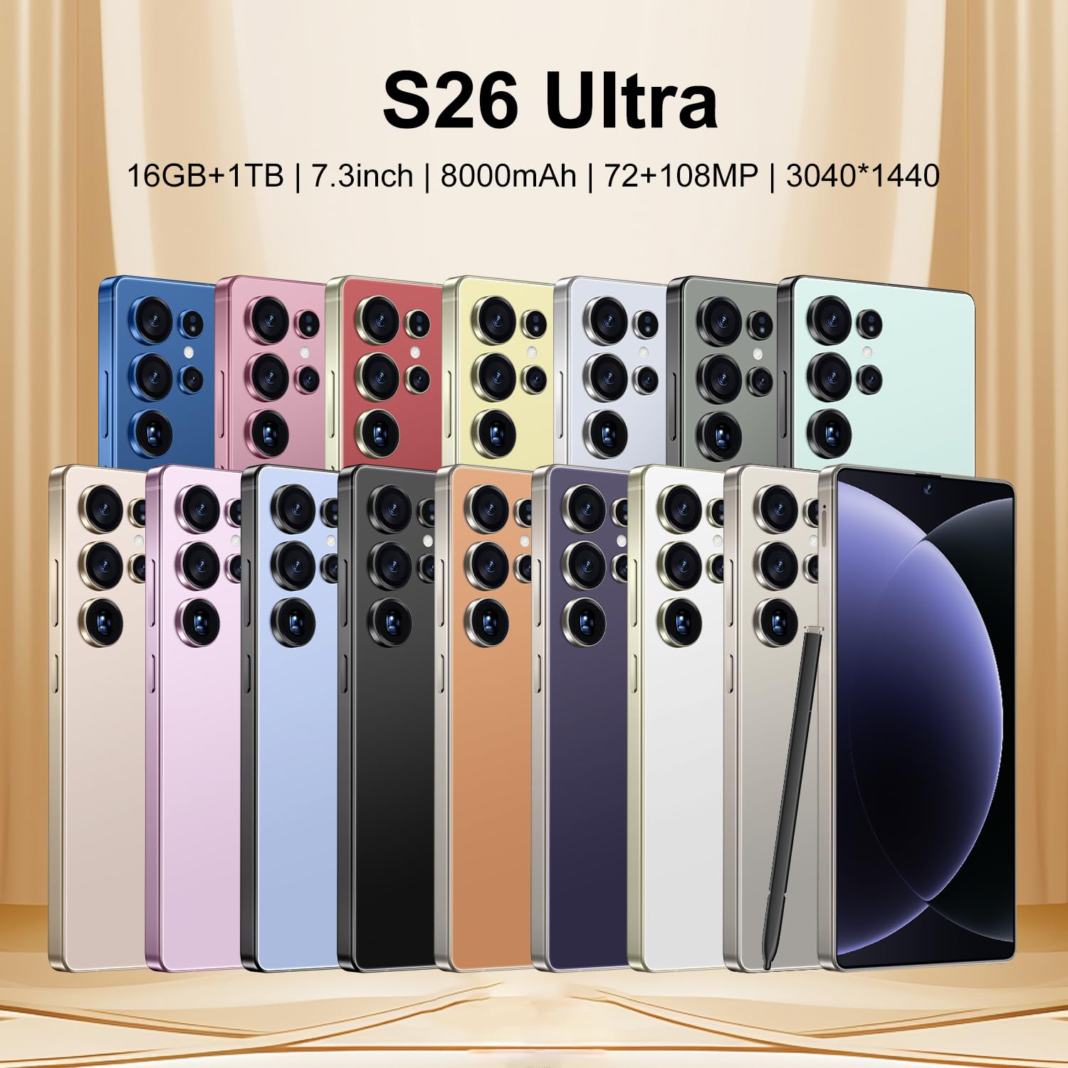 Smartphone S26 Ultra, 16 GB 1 TB, Batteria Da 8000 MAh, Android 14, Fotocamera Impermeabile Da 72 MP 108 MP, Telefono Cellulare Da Esterno Sbloccato Da 7,3 Pollici, Slot Per 3 Schede 5G NFC,Purple
