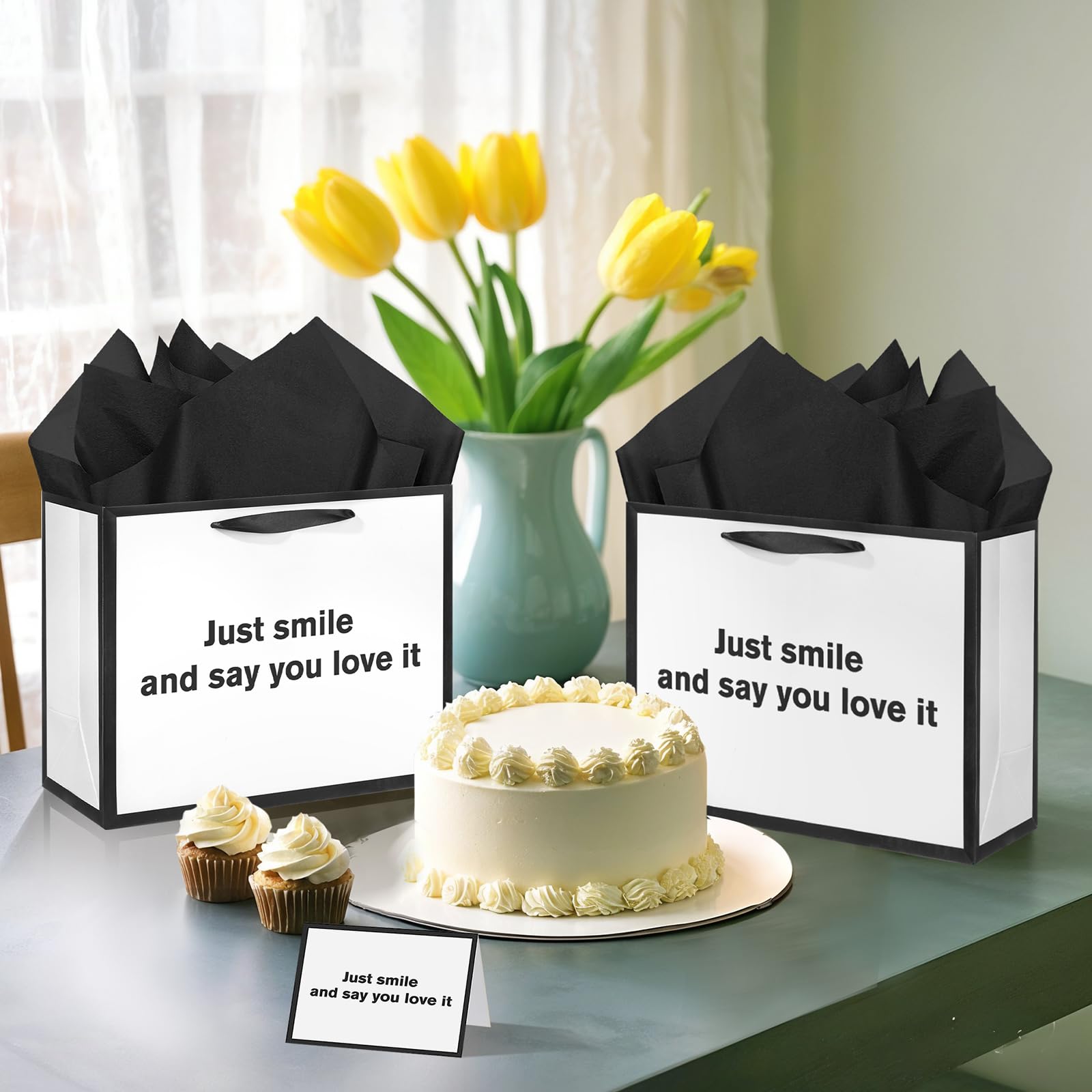 White Funny Gift Bag Just Smile and Say You Love It Gag Gift Bag with Tissue Paper and Greeting Card Inappropriate Snarky Funny Birthday Gift Wrapping Bags for Office Coworker Best Friend Men Women