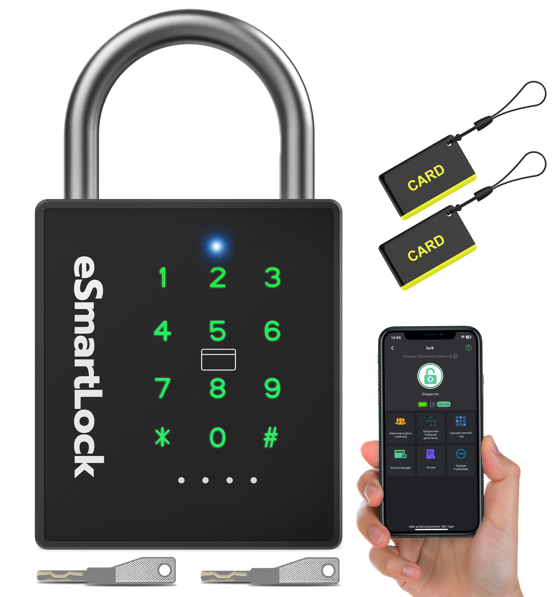 Smart Zahlenschloss Vorhängeschloss, Wetterfestes Vorhängeschloss Groß mit Schlüssel, Bluetooth Schloss mit Zahlencode RFID, IP68 Elektrisch Intelligentes Lock für Tür Garten Spind Keller