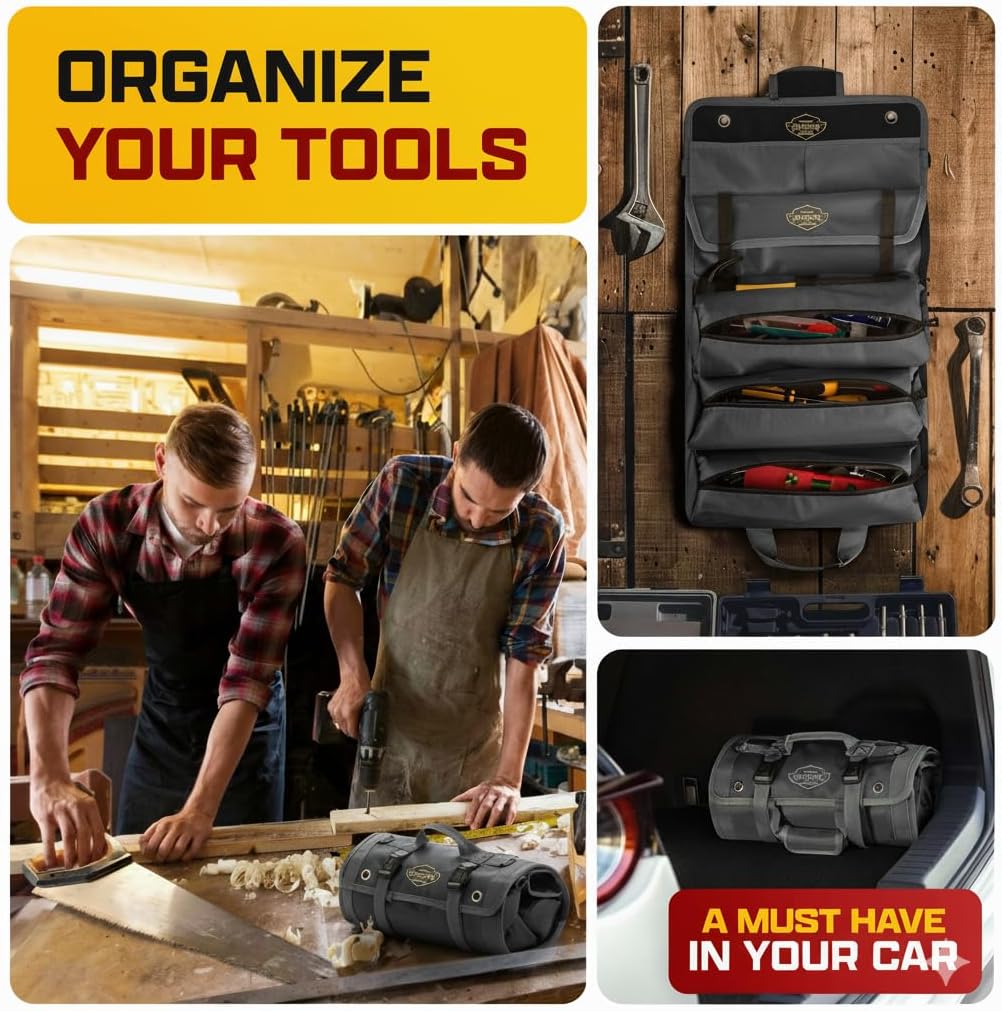 The Ryker Bag Black Pro Tool Roll – Heavy-Duty Canvas Roll-Up Tool Organizer w/detachable pouches for Bolts, Sockets & Small Power Tools for Electricians, Plumbers, HVAC Techs & DIY Professionals