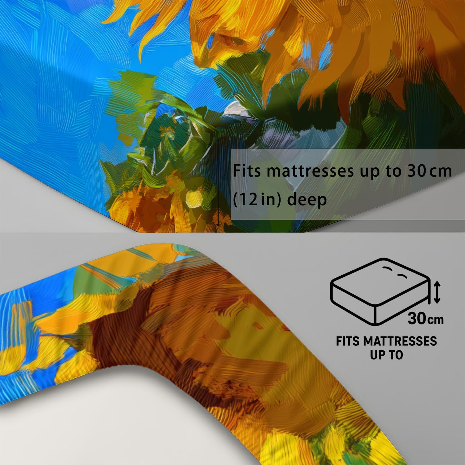 King Fitted Sheets - Bed Sheets Breathable and Luxury Microfibre Bedding Sets 160 x 200 cm, Golden Yellow Sunflowers, Green Foliage Botanical, Vintage Floral, Warm Sunlit, Modern Large Master Bedroom