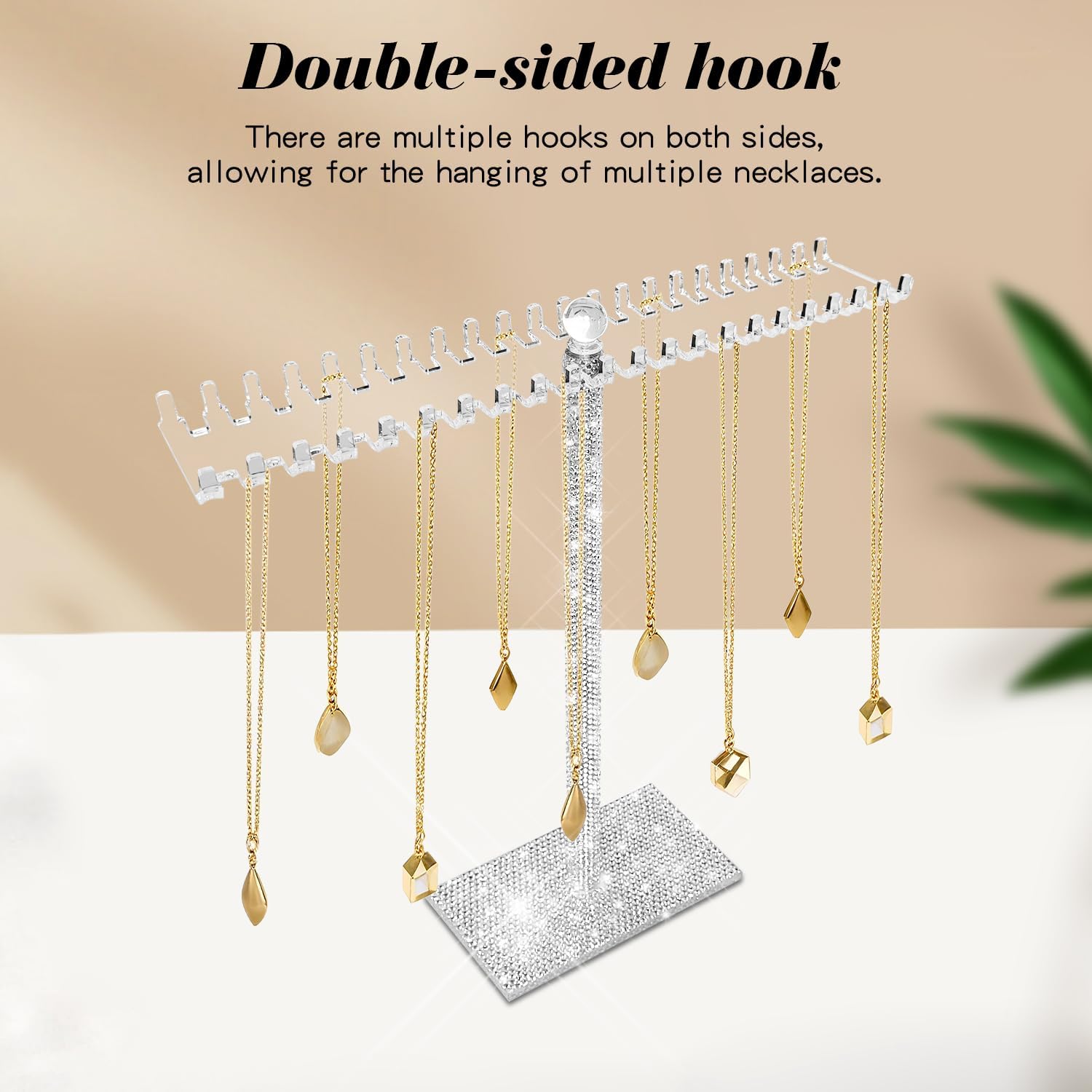Bling Acrylic Necklace Organizer,GLitter Necklace Holder Stand,Shiny Jewelry Organizer Display Hanger Rack with Bilateral Hooks for Necklaces Pendant Bracelets Ring,Gift for Women Girl