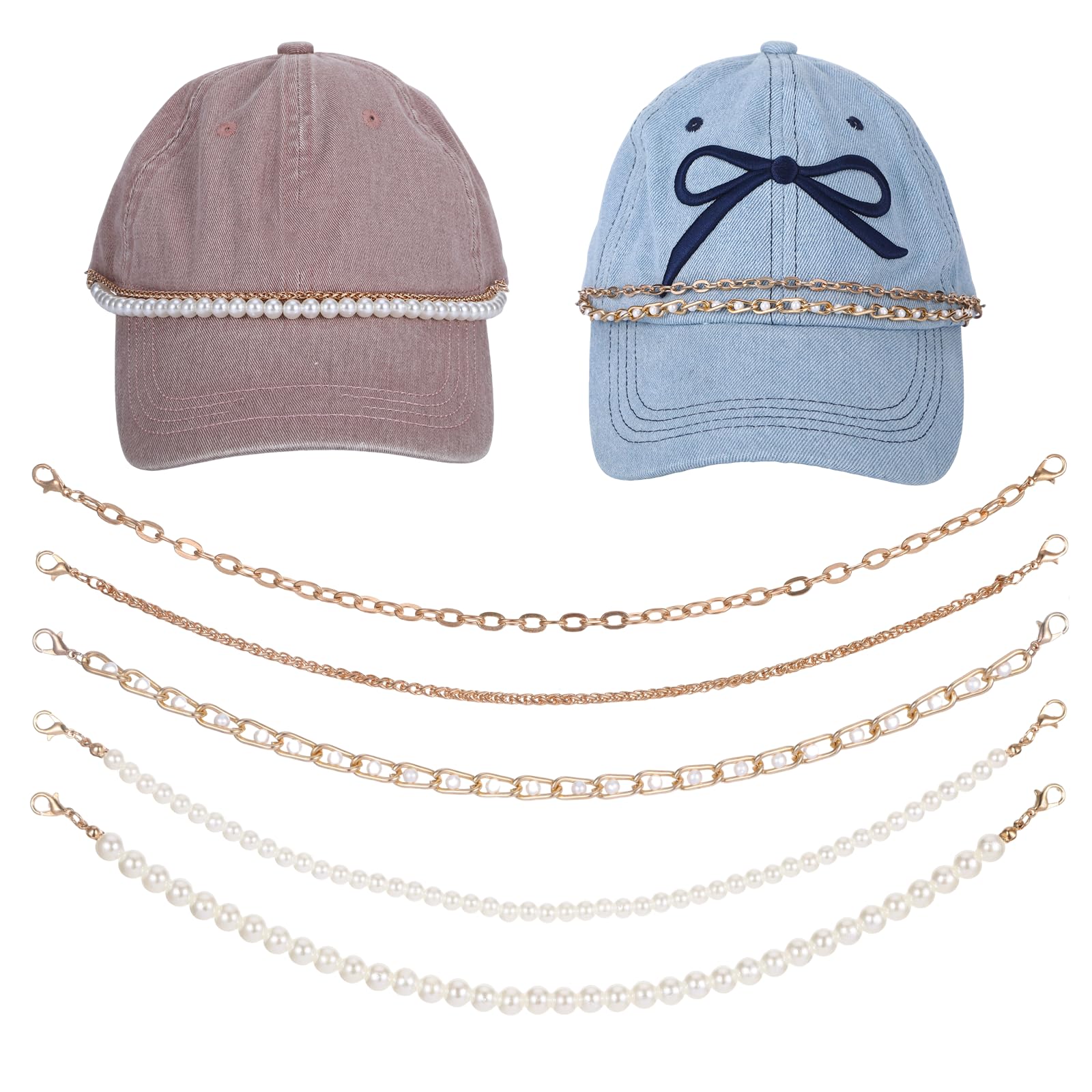 5Pcs Trucker Hat Chains, Detachable Pearl Metal Hat Chains for Women Trucker Hats Brim, DIY Gold Hats Charms Jewelry Accessories for Women Men Mesh Baseball Cap Phone Case Purse