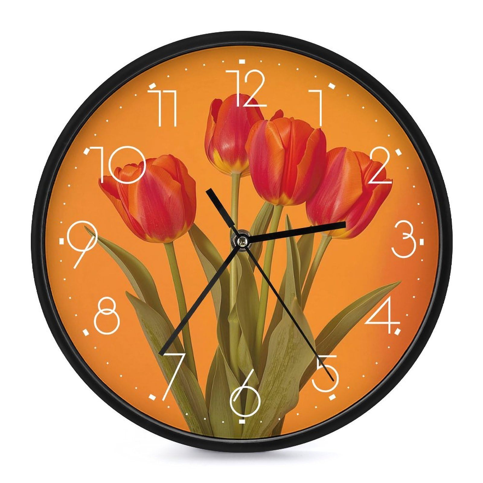 XOPEKVLAWM Wall Clock 10 Inch Non-Ticking Silent Modern Simple Style Round Decor Clocks Red Tulip Flower Clock Decorative Battery Operated Wall Clocks for Home Office Living Room Bedroom Kitchen