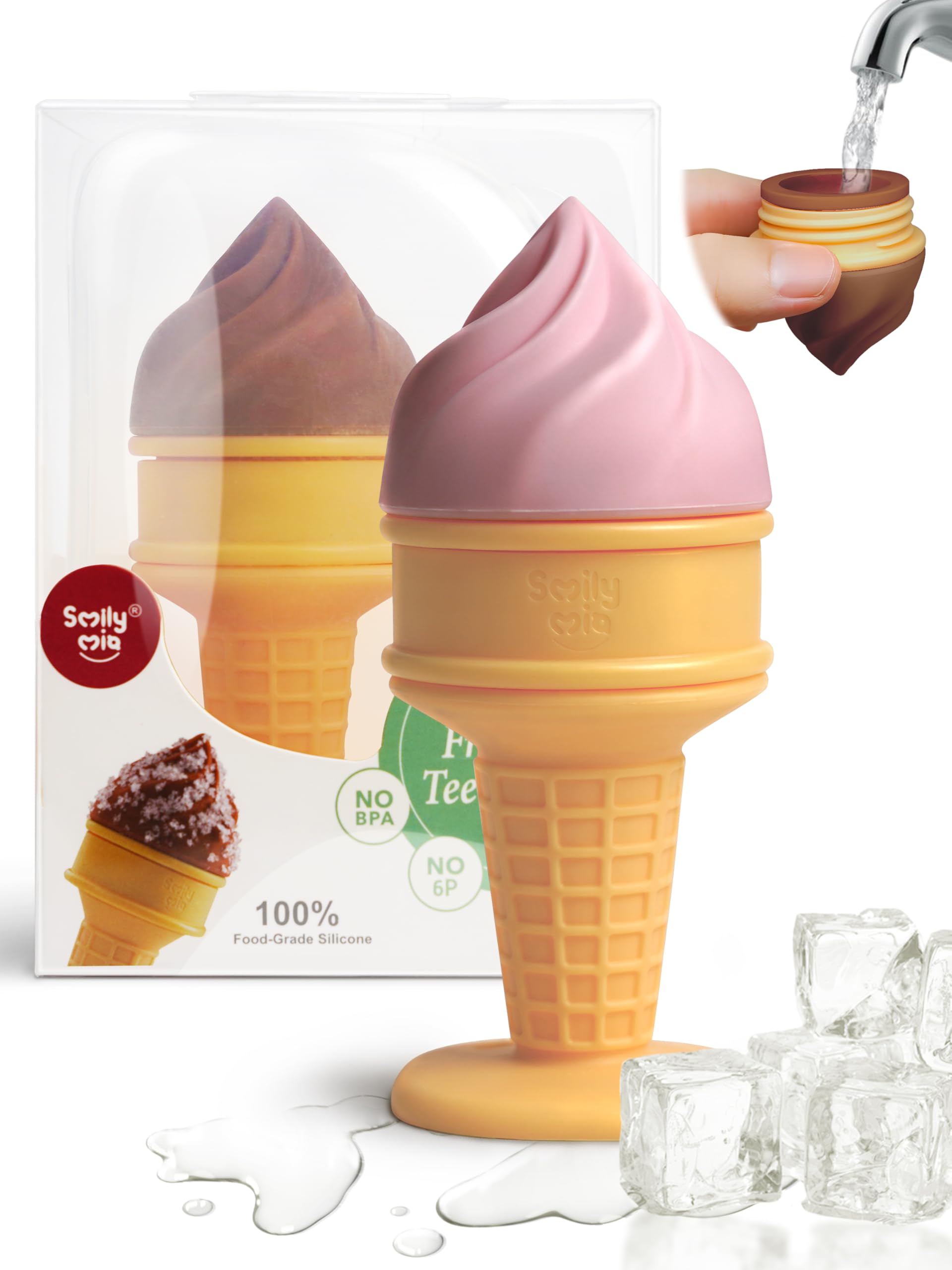 Smily Mia Ice Cream Cone Baby Teething Toys, Water-Filled Freezable Teether for Babies&Infants, Teething Relief for 0-18 Months, Not-Too-Cold-to-Hold Freezer Teether for 3-6 6-12Months, Peach Pink