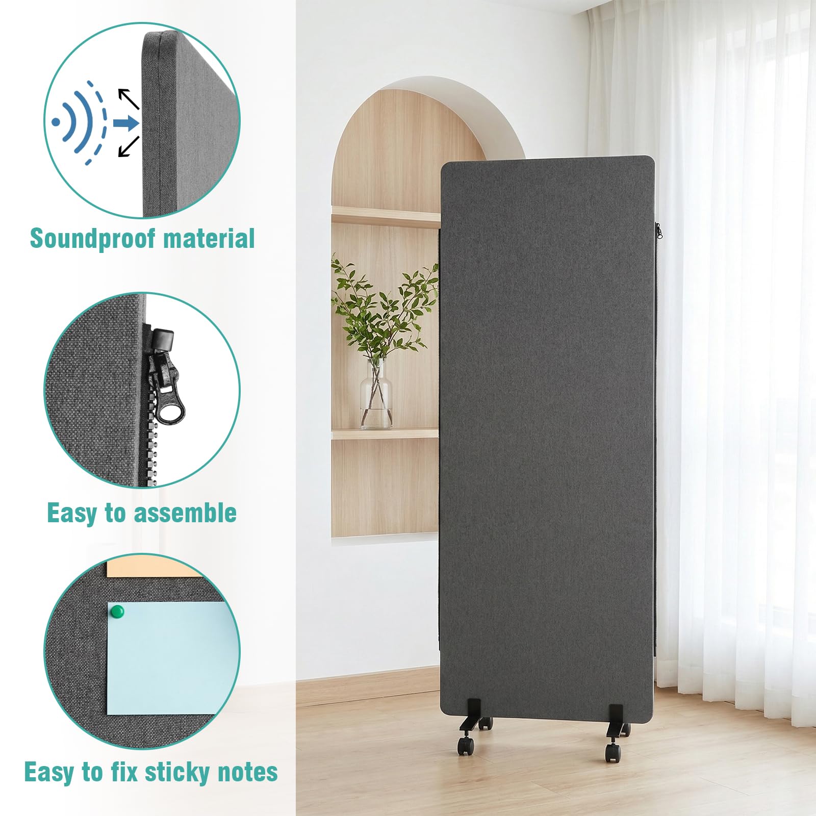 Mobiler Akustik-Raumteiler von Lightyard mit Rollen, freistehender Sichtschutz, 167,6 x 61 cm, für Zuhause, Arbeitsbereich, Klassenzimmer, Studio, Apartment