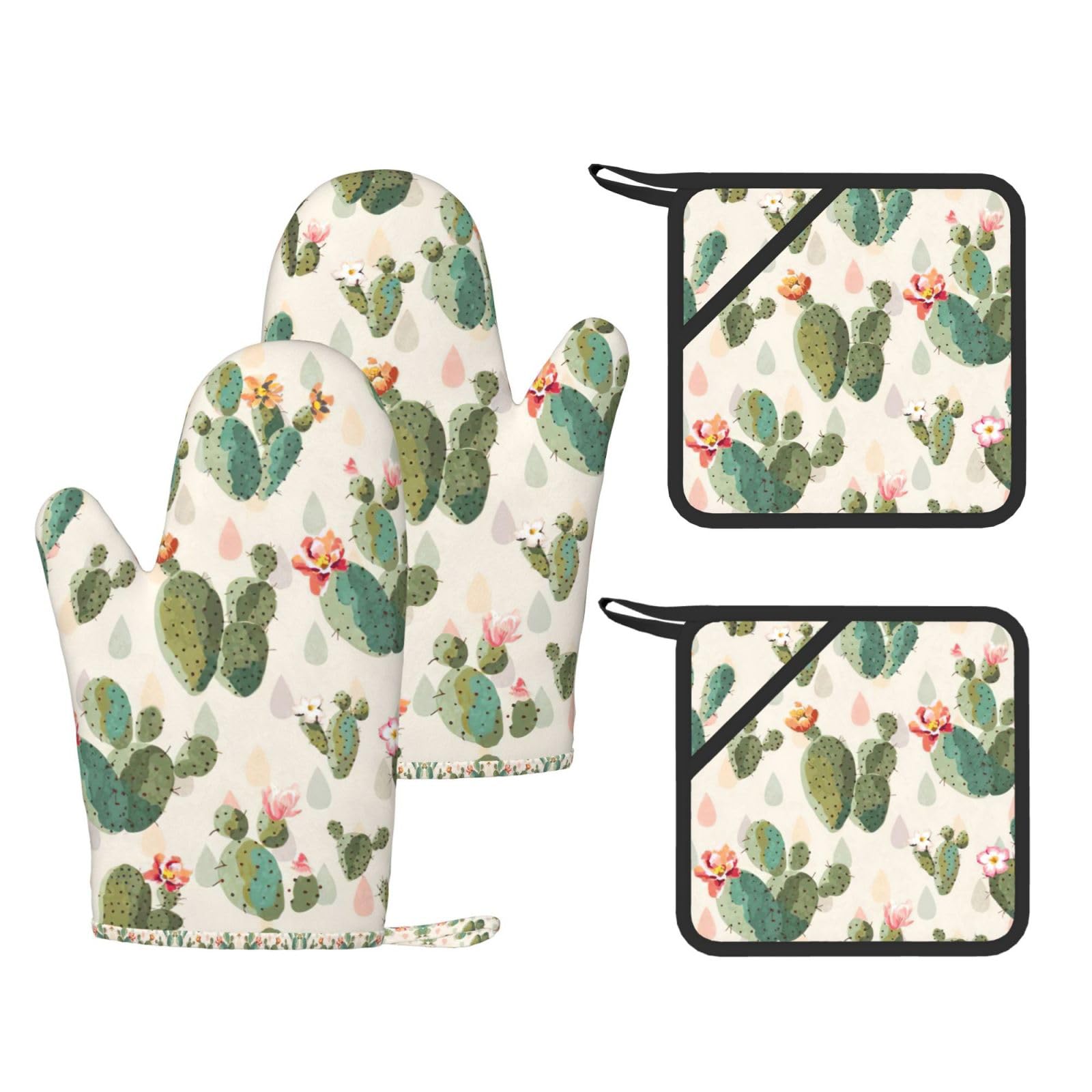 Cute Cactus Fashion Printed Kitchen Kit with Heat Resistant Oven Mitts & Non-Slip Hot Pads for Baking