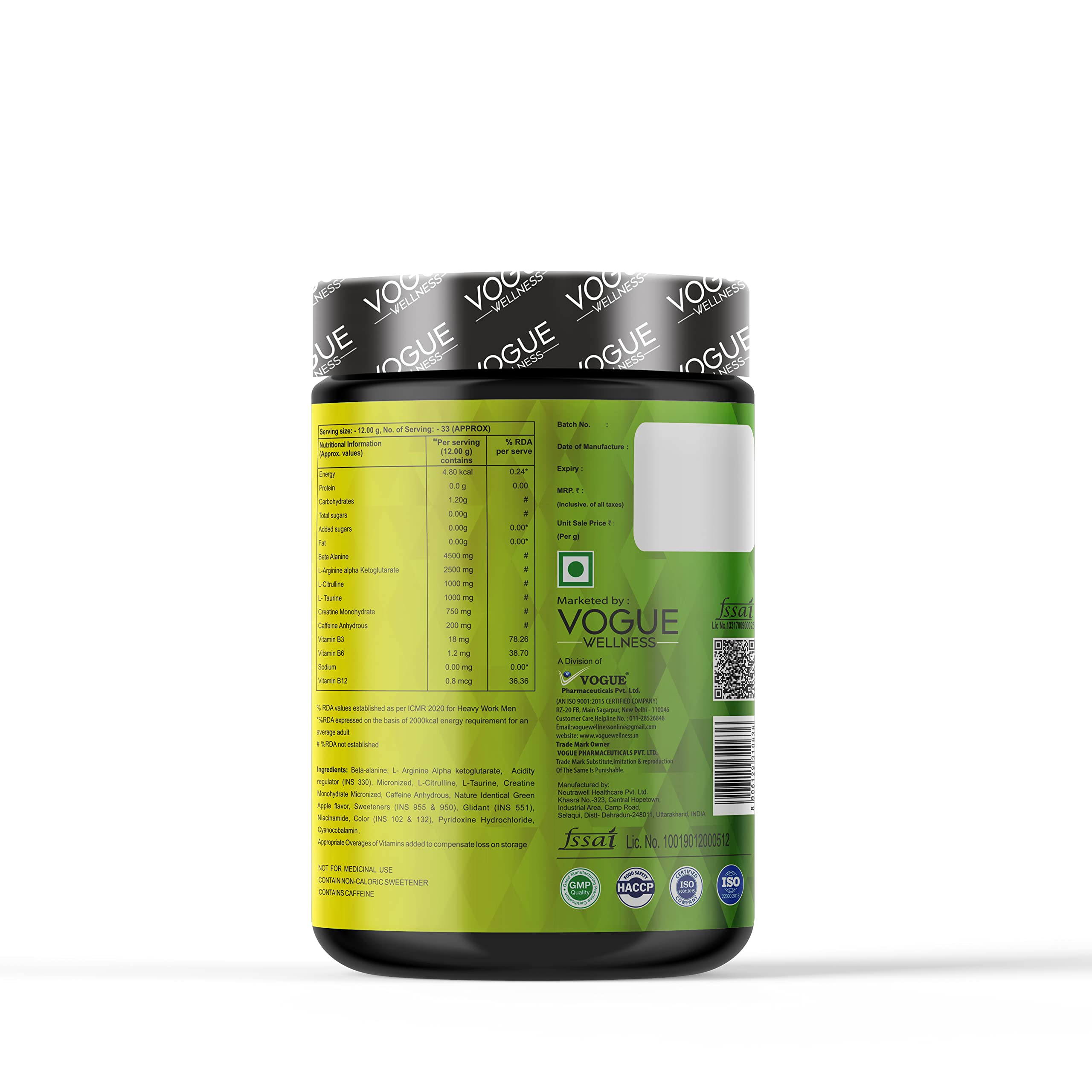Vogue Wellness Pre Workout 400, 200mg Caffeine, 1000mg Citrulline | Pre Workout Supplement For Men & Women with B-Alanine, Creatine, L-Taurine For Performance & Energy Boost (GREEN APPLE) - Image 5 thumbnail