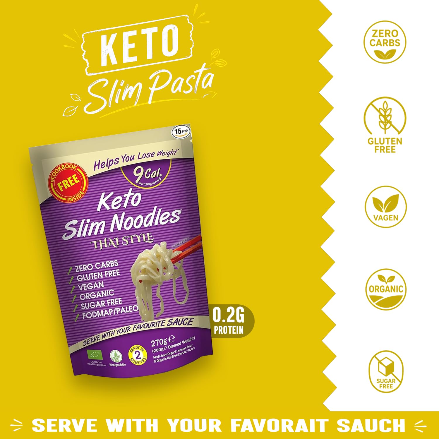 Slim Pasta - Noodles Thai Style - 270g - Pasta Vegana Baja en Calorías - Ideal para Dieta Keto