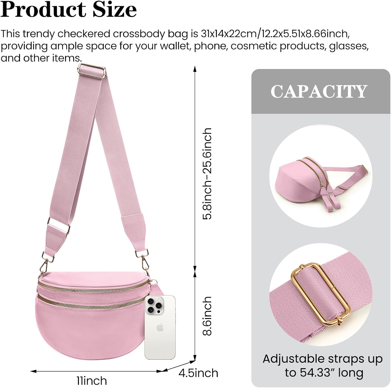 Nylon Crossbody Bags Bum Bag for Women Large Sling Bag Purse with Adjustable Strap(Pink) - Image 6