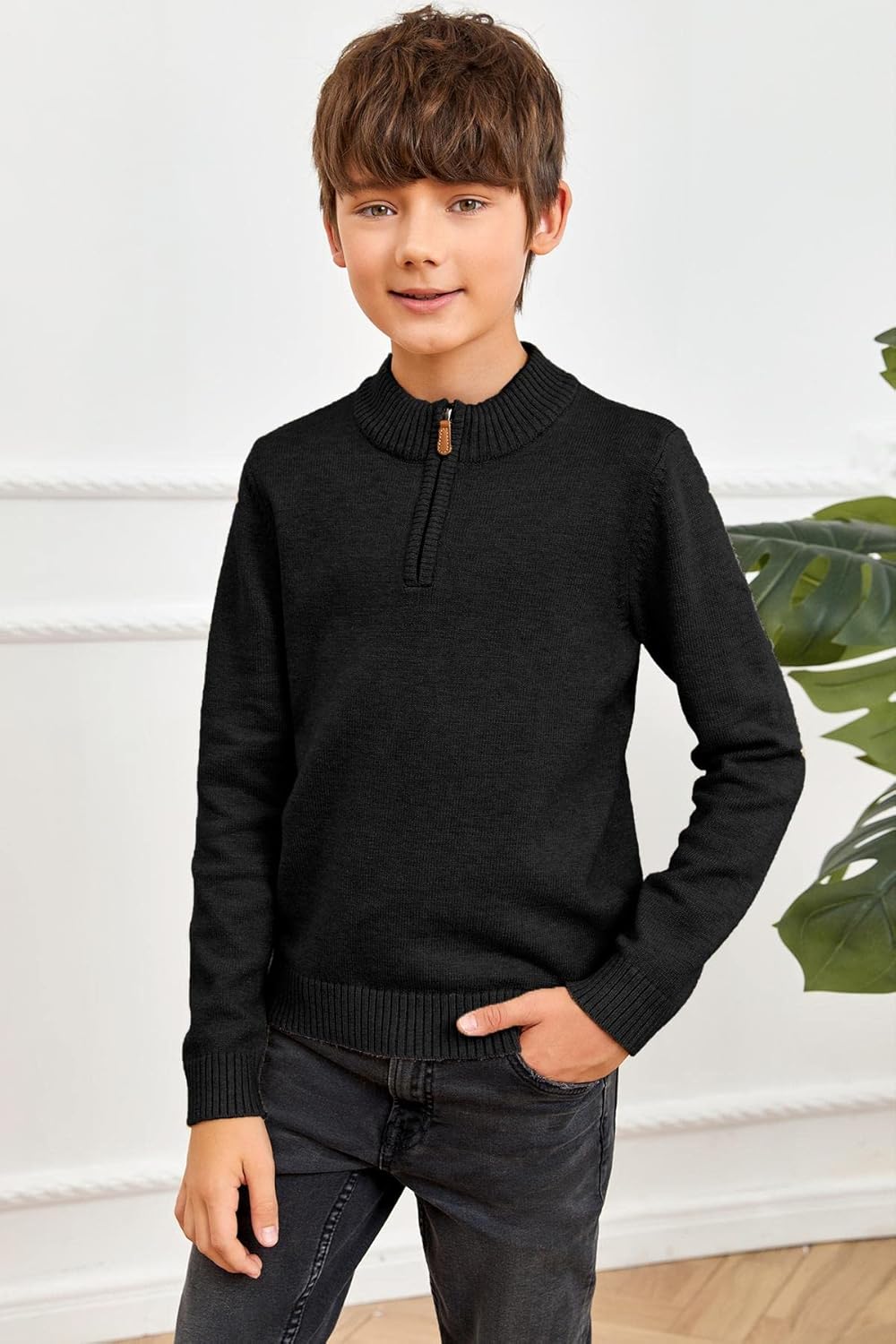 GAMISOTE Boys Sweater Quarter Zip Up Chunky Knit Mock Neck Warm Pullver Kids Knitwear - Image 3