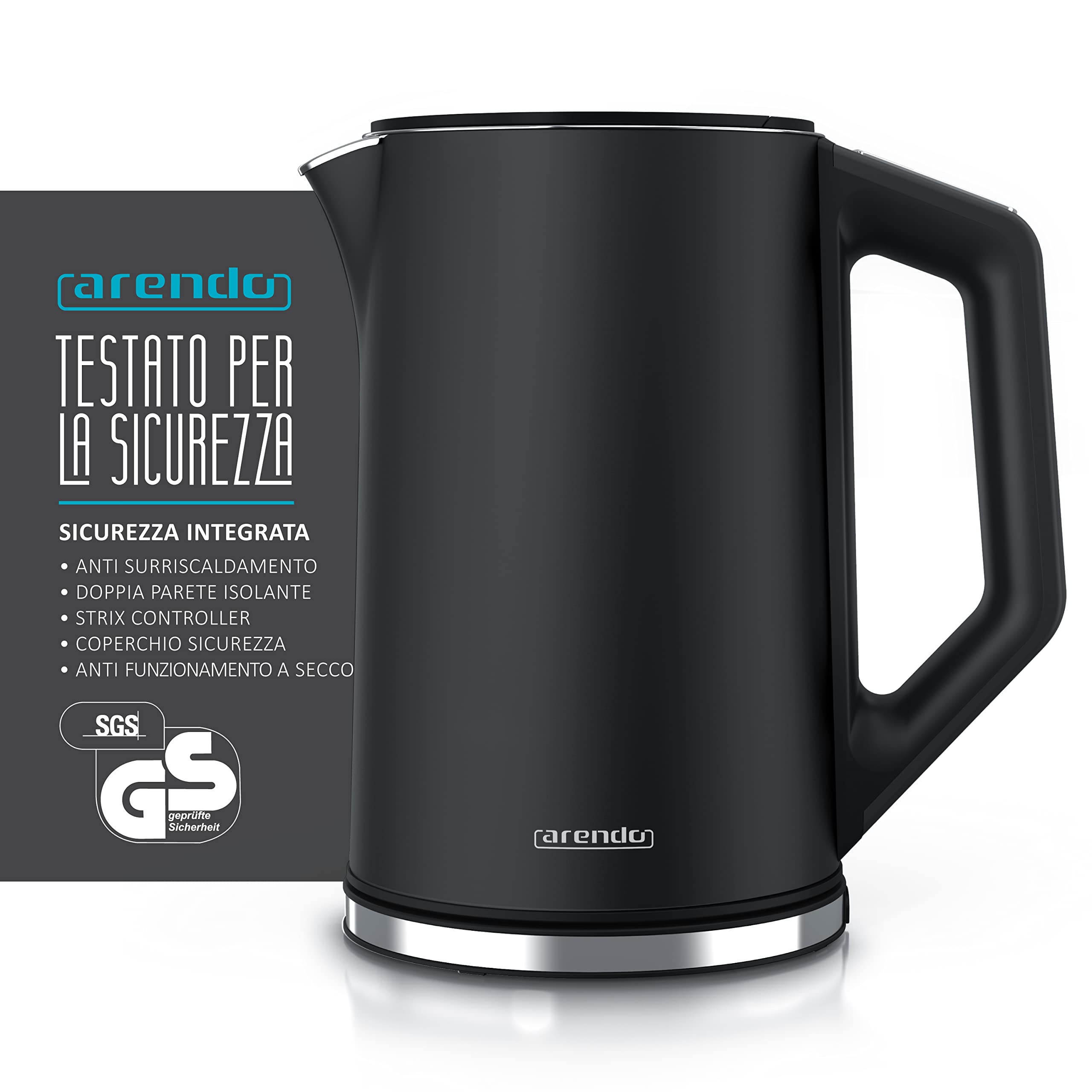 arendo - Bollitore Acqua Elettrico in Acciaio Inox - Modello Elegant - 1,5 Litri - 2200 W - Regolazidone della Temperatura da 40 a 100°C - Design a parete doppia - Nero