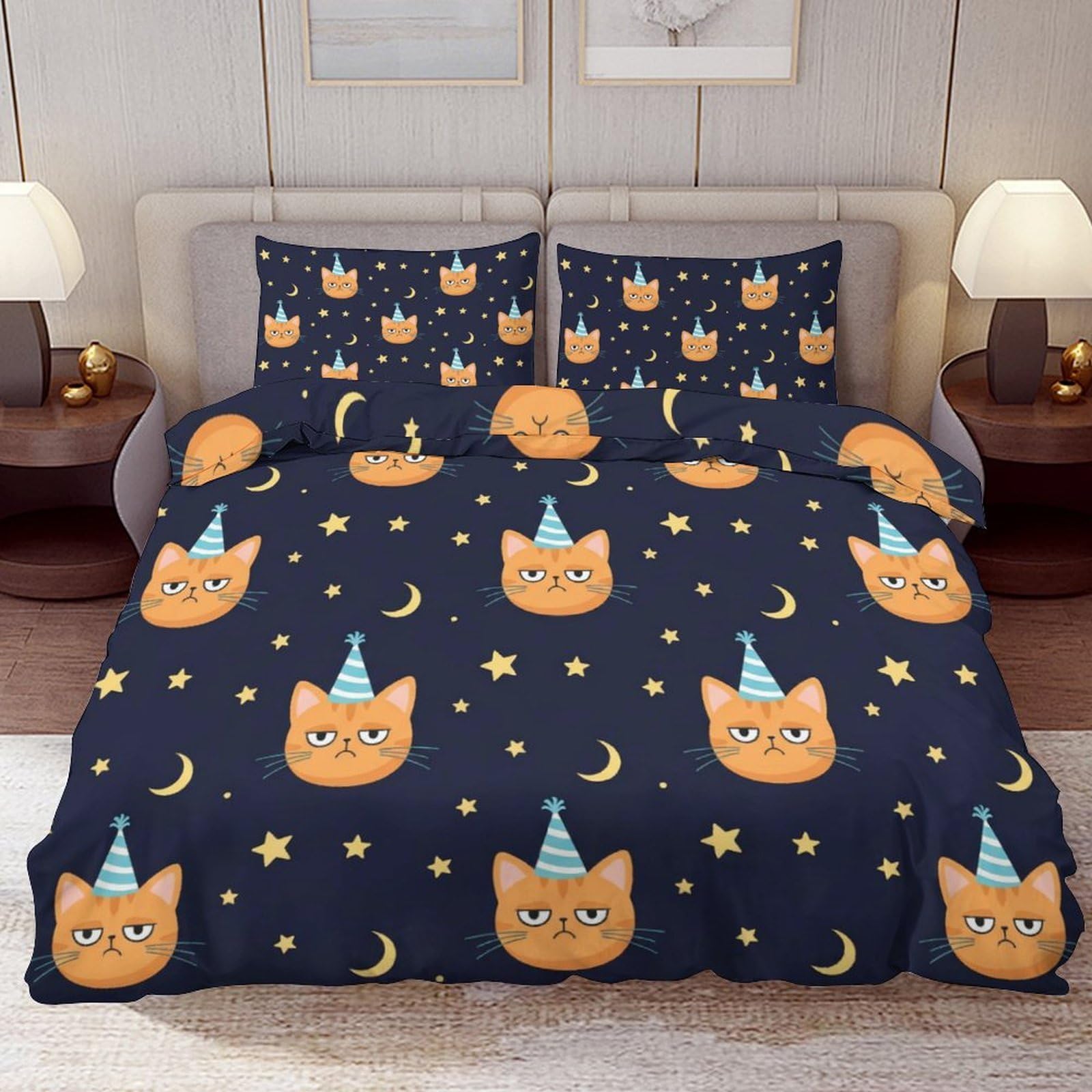 Delerain Comforter Cover Set King Size, Cartoon Cat Moon Star 3-Piece Bedding Set for Women Men Modern Soft Microfiber Bedroom Set Room Decor, 1 Duvet Cover + 2 Pillowcases