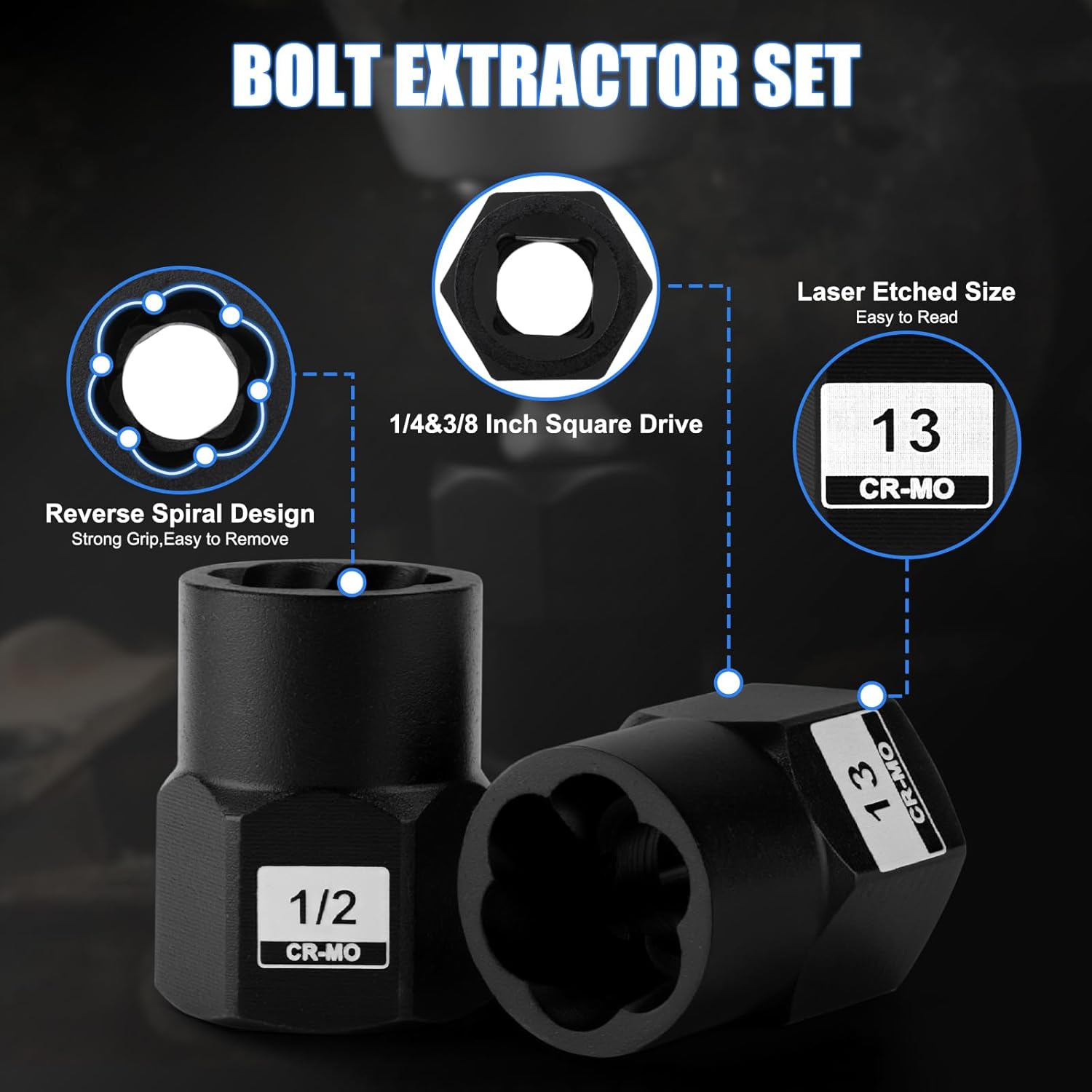 Mayouko Bolt Extractor Set, 34-Piece Bolt and Nut Remover Set, 1/4"&3/8" Drive Remover Tool with Adapters, CR-MO Steel Bolt Extractor Set for Removing Damaged Rusted Bolts, Nuts and Screws