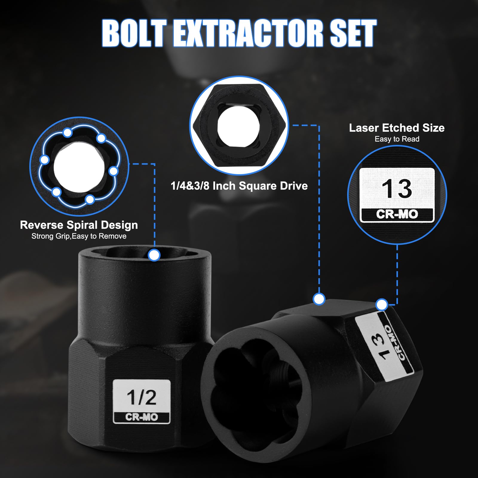 Mayouko Set di 34 pezzi per rimuovere bulloni e dadi da 1/4" e 3/8", con adattatori, set di estrattori per bulloni in acciaio CR-MO per rimuovere bulloni, dadi e viti arrugginiti danneggiati