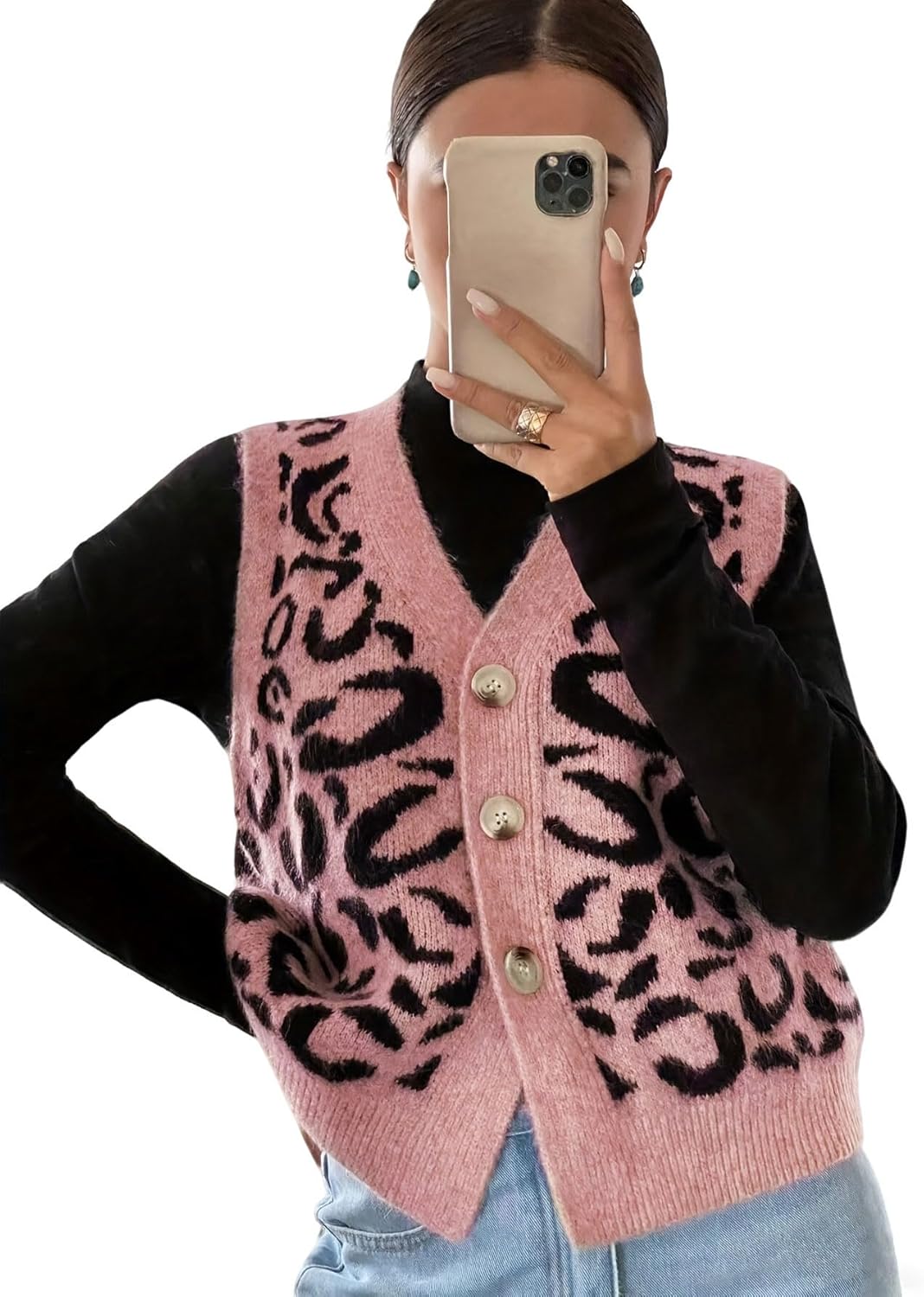 utcoco Women's Y2K Leopard Print Knit Vest Casual V Neck Button Front Sleeveless Sweater Vest