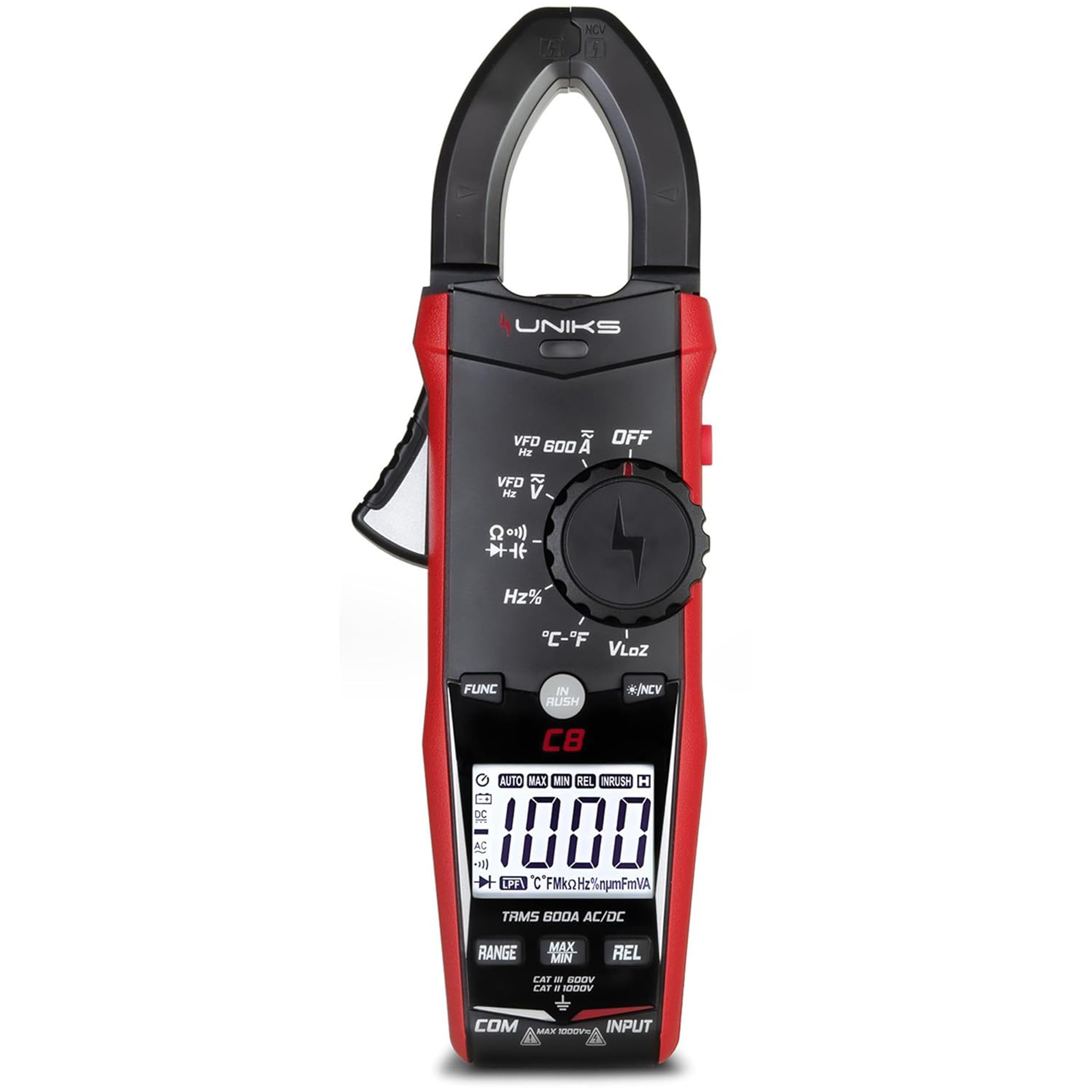 UNIKS - Pinza Amperometrica TRMS Digitale C8 - Tester Digitale Professionale 600A - Misuratore Corrente AC-DC Display LCD e Luce LED - Amperometro Ideale per Fotovoltaico