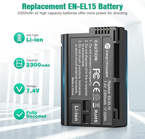 Miniatura 2 de FirstPower EN-EL15EN-EL15aEN-EL15b Batería compatible con Nikon Z5 Z6 Z6II Z7II D750 D850 D500 D7000 D7500 D7100 D7200 D600 D610 D800 D800 D800 10 1