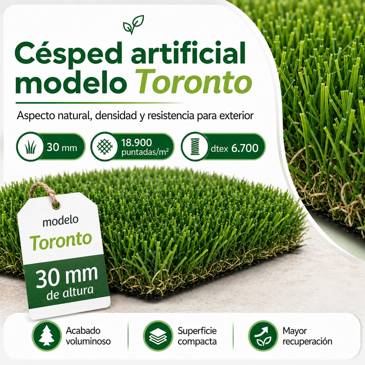 Césped Artificial 2x10m Premium 30mm, Modelo Toronto, 18.900Puntadas, 6.700Dtex. Máximo Realismo, Alta Densidad, Ideal para Exteriores, Piscinas, Terrazas y Jardín
