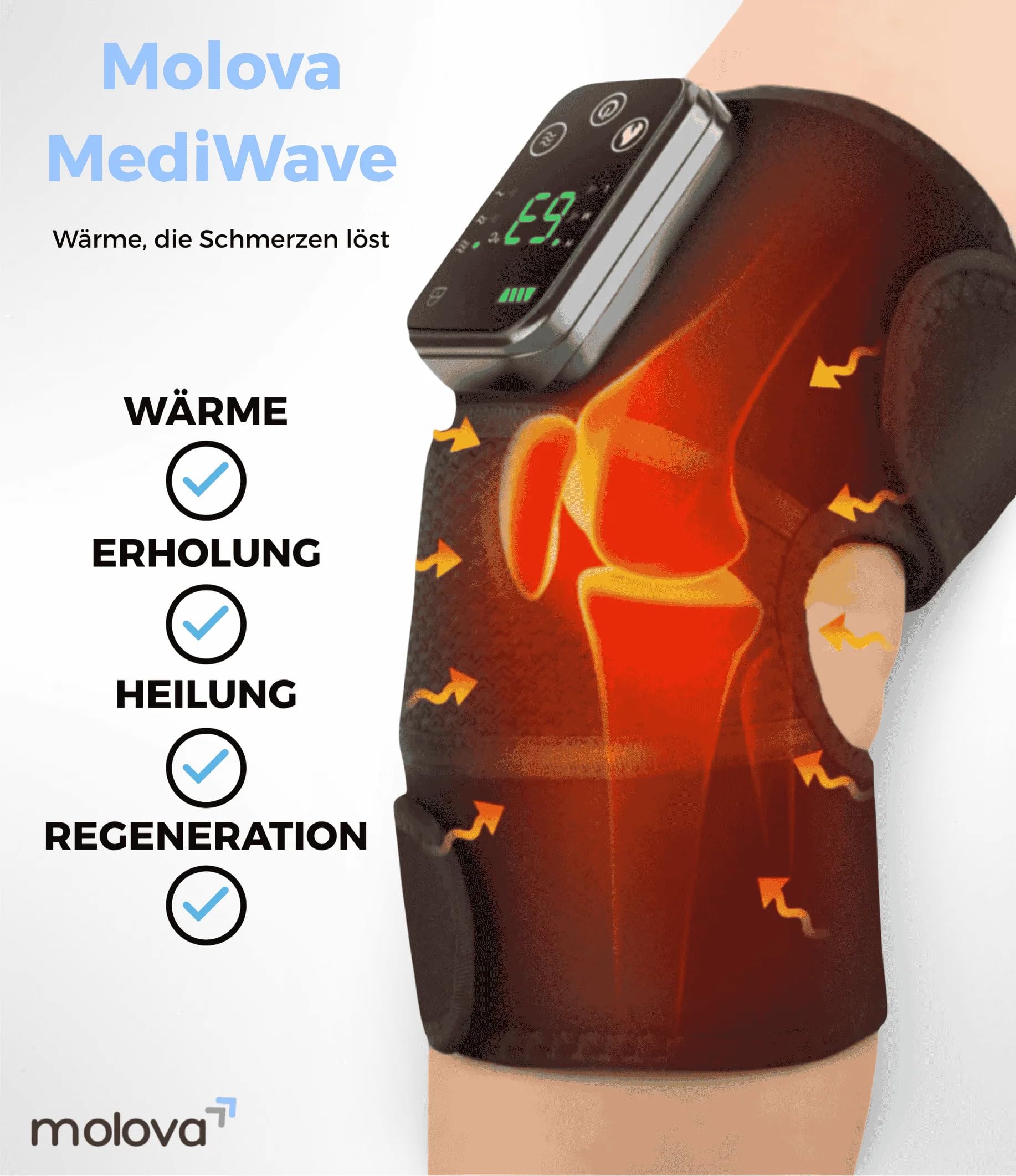 Molova MediWave Beheiztes Kniemassagegerät mit Vibration – Kniebandage für Entspannung und Schmerzlinderung, 3 Heizmodi für Knie, Ellenbogen und Schulter.