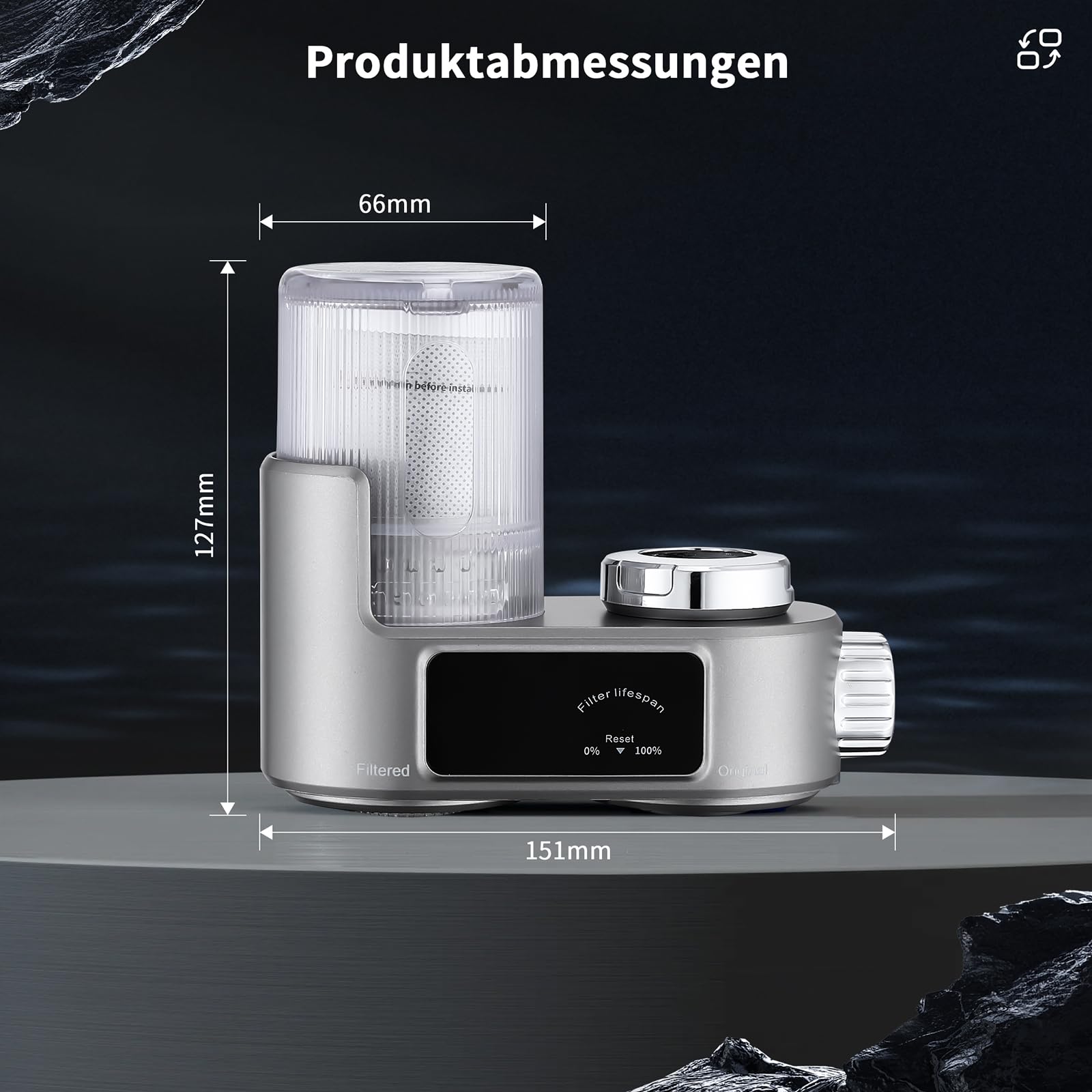 HOMELODY Wasserfilter Wasserhahn mit LED Anzeige, Wasserfilter Trinkwasser für Küche, entfernt Chlor, Schwermetalle & Kalk, Kalkfilter Wasserhahn mit Blaulicht, 12x Adapter (Inkl. Filter*1)