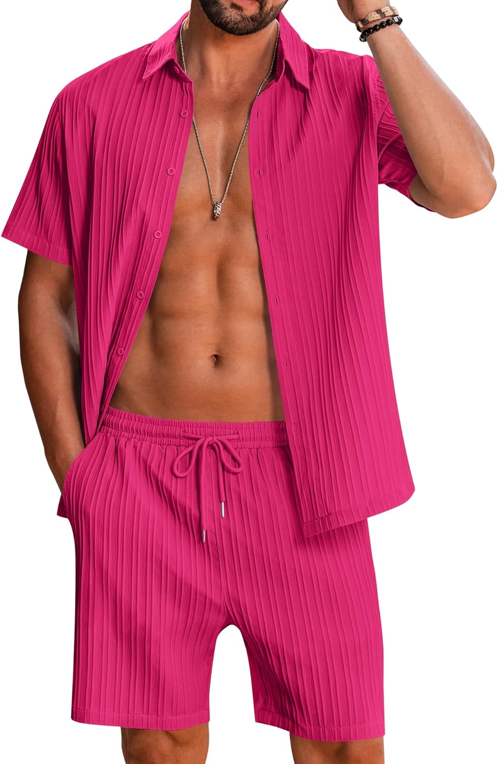 LecGee Men's 2 Piece Vertical Striped Textured Outfits Summer Casual Button Down Shirts and Shorts Matching Sets
