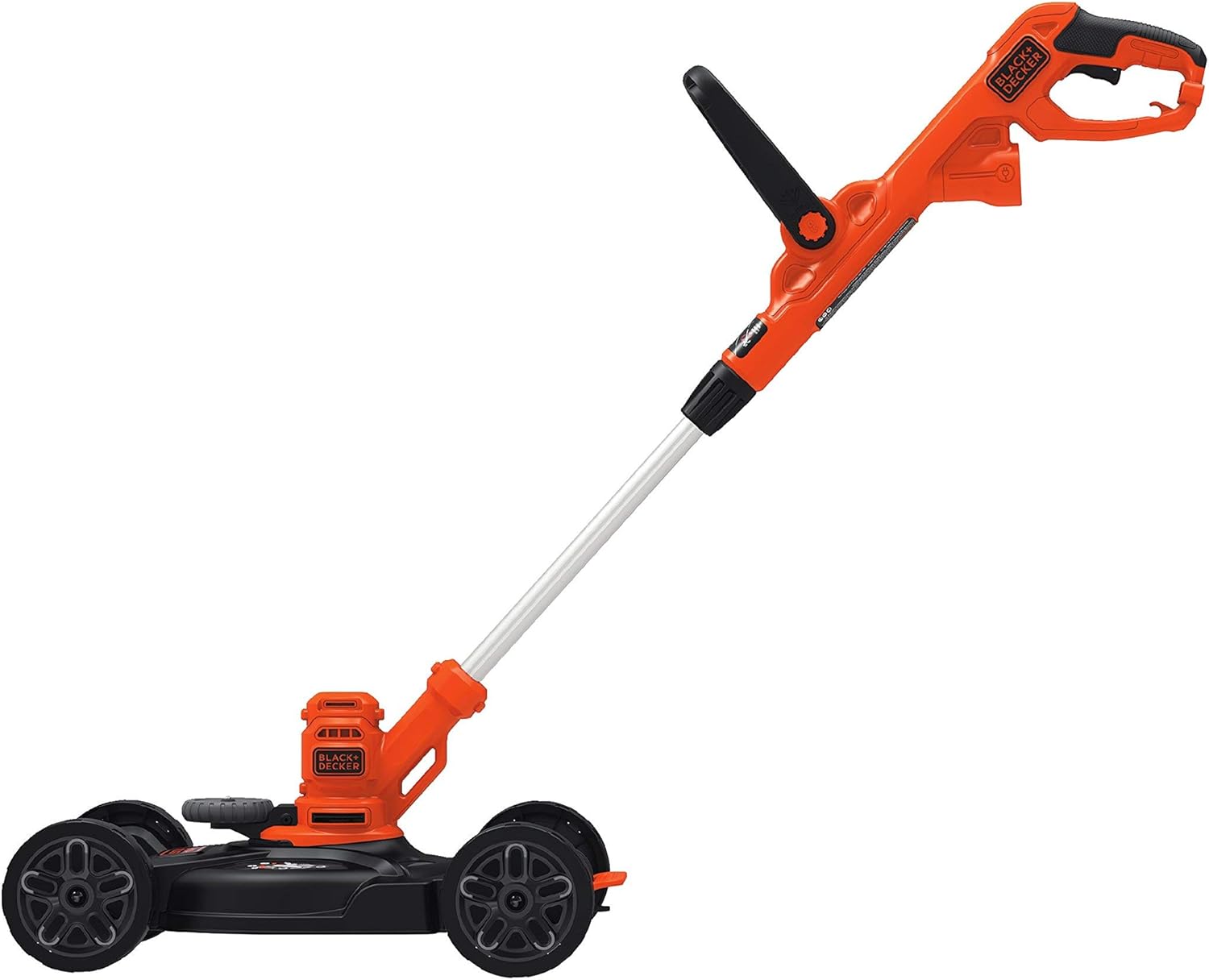 Assembly of BLACK+DECKER 3-in-1 tool, showing the trimmer attached to the mower base.