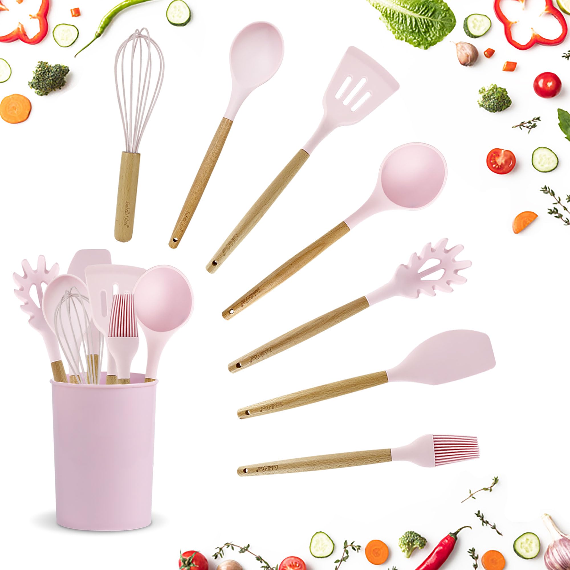 Isabelle Rose Set d'ustensiles de cuisine en silicone avec poignée en bois 6194