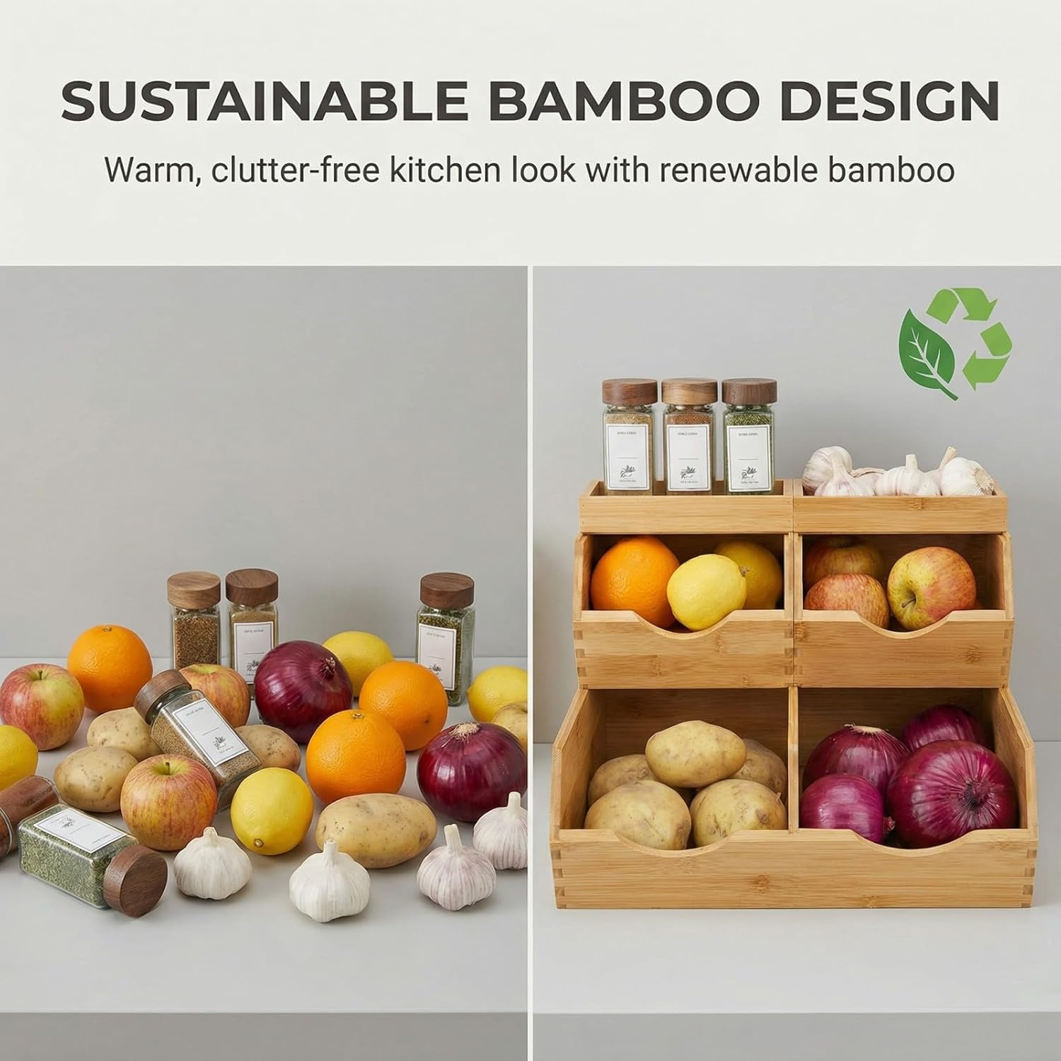 Bamboo Pantry Storage Bins with Lid - Stackable Baskets, Potato and Onion Storage, Wood Storage Bins for Pantry Baskets Organization and Storage, Kitchen Essential, Set 5 Pieces