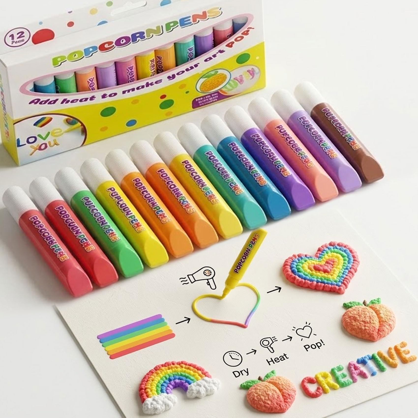 3D Popcorn Pens Kit for Arts, 12 Colours DIY Bubble Popcorn Drawing Pens