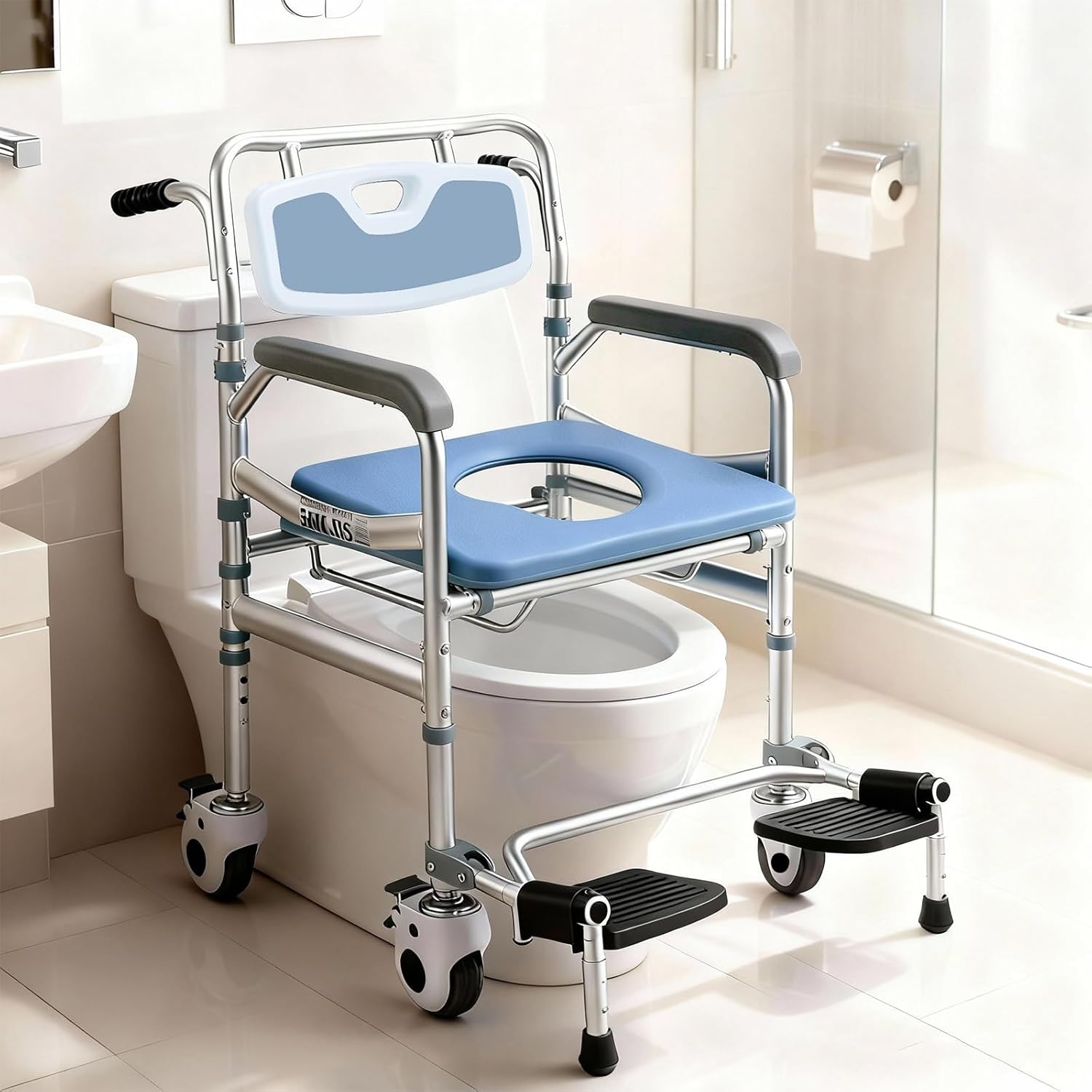 4-in-1 Rolling Bedside Commode & Adjustable Raised Toilet Seat, Mobile Shower Chair with Handles for Elderly, Disabled & Pregnant, 380 lbs Capacity