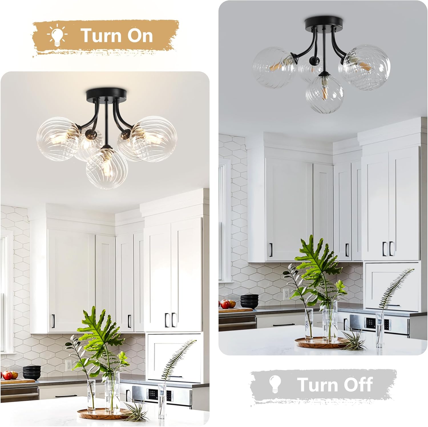 Sputnik Ceiling Light Fixture 5-Light Globe Bubble Glass Chandelier Clear Swirled Glass Semi Flush Mount Ceiling Light Fixture Black Bubble Chandelier for Bathroom Kithcen Hallway Dining Room Foyer