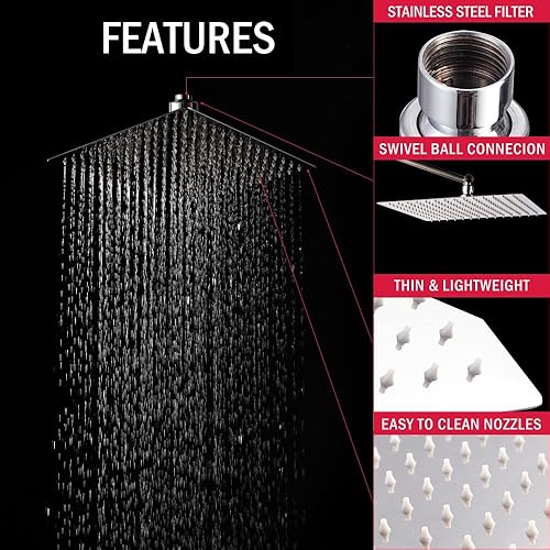 Miniatura 7 de Lordear Cabezal de ducha tipo lluvia de 12 pulgadas, cromado pulido, cuadrado, ultrafino, acero inoxidable 304, para lluvia, cobertura de cuerpo