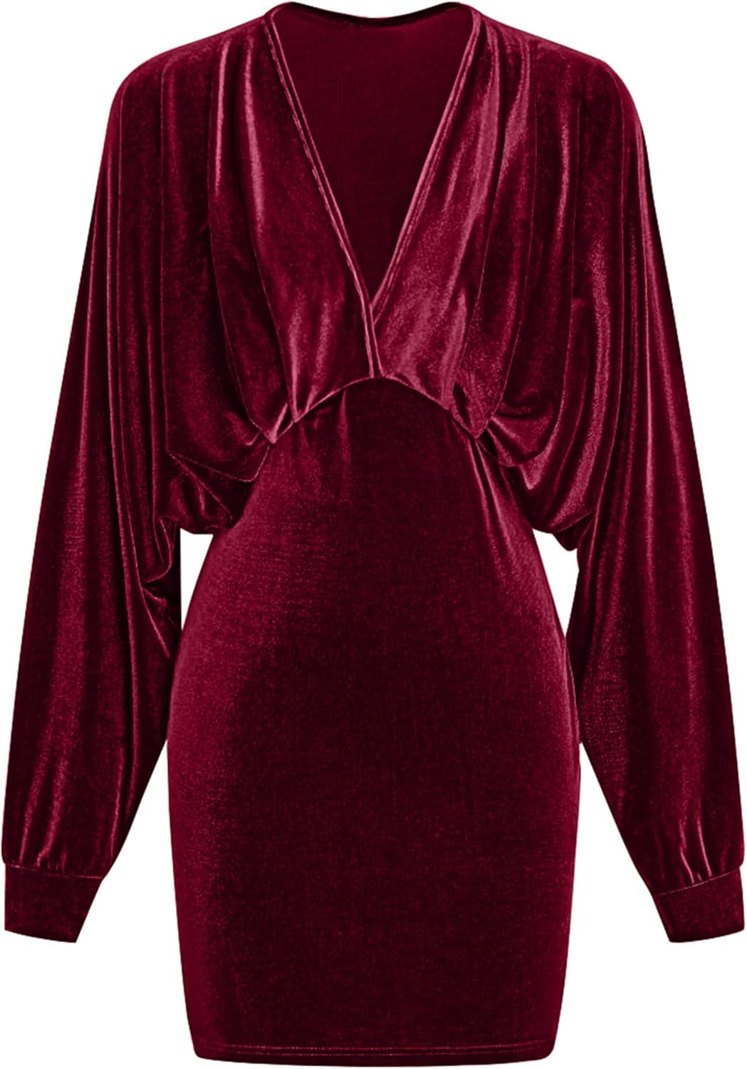 YMDUCH Women's Elegant Deep V Neck Long Sleeve Batwing Bodycon Velvet Mini Party Club Dress - Image 4