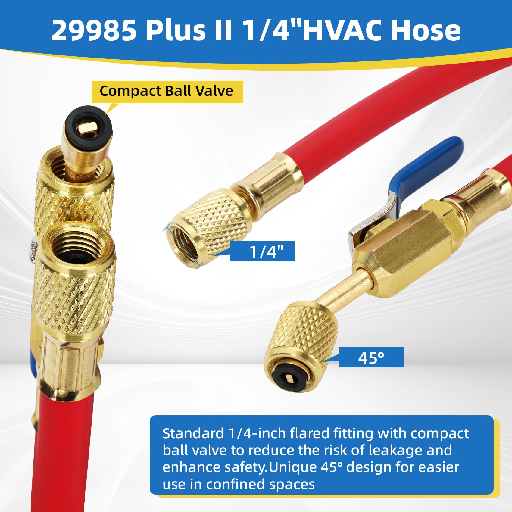 Kältemittelschlauch mit kompaktem Kugelhahn (1/4 Zoll Flare) – 4000 PSI, 29985 Plus II 1/4 Zoll HVAC Schlauch R410A R134a R22 kompatibel, Rot/Gelb/Blau, 3 Stück