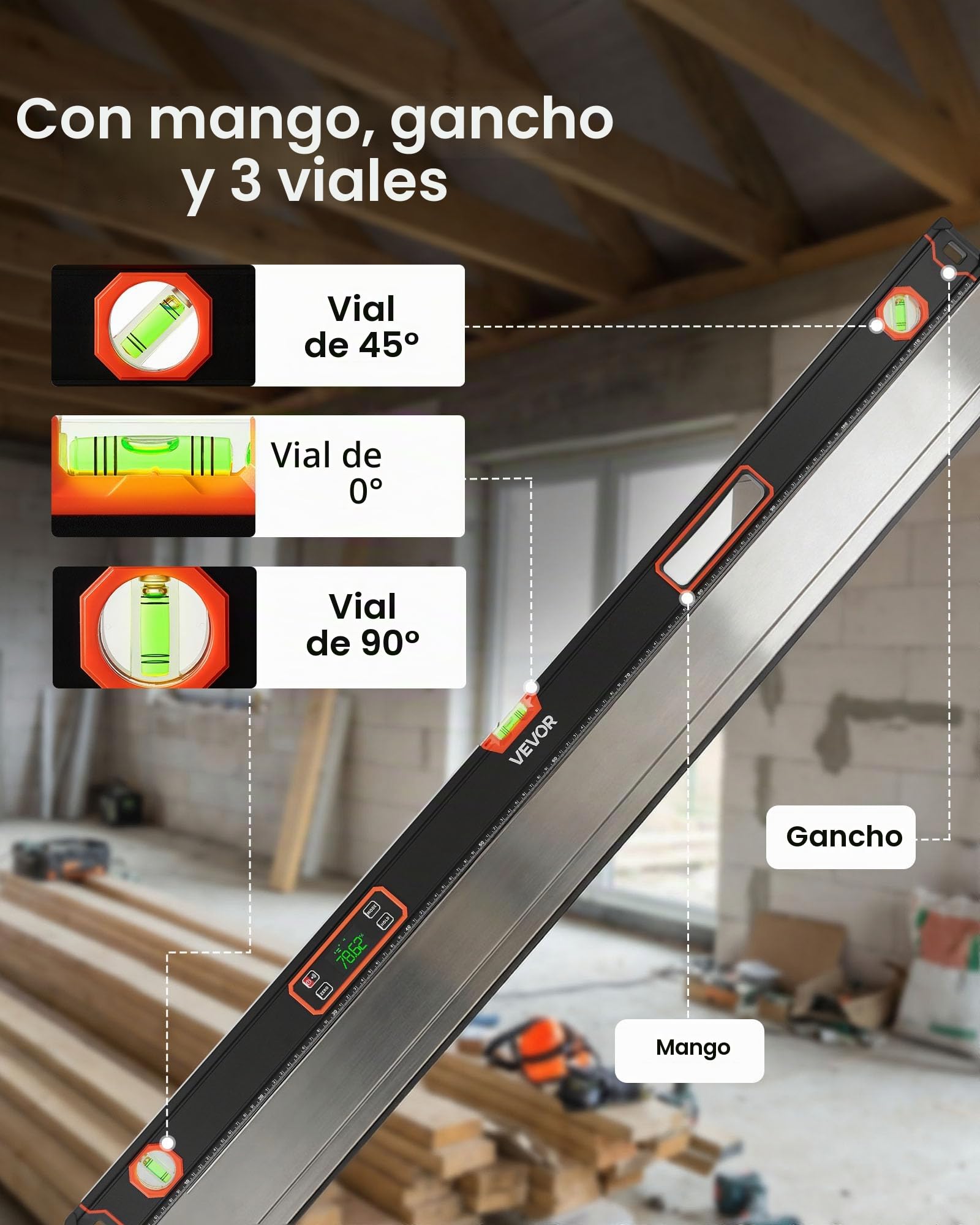 VEVOR Nivel Digital de Aluminio 1200 mm, Nivel Electrónico Magnético con Burbujas de 0°/45°/90°, Pantalla LED Retroiluminada, 4 Unidades de Medida, Bolsa para Construcción Carpintería Bricolaje Hogar