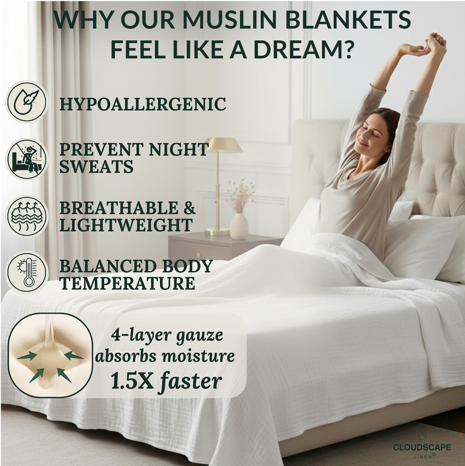 Luxury 100% Cotton Muslin Blanket Queen Size, 4 Layer Oversized 90x90 Fits Upto Full Size Bed, Layering Winter Blankets for Bed, Soft Cotton Gauze Quilt, All Season White Bedding - Image 4
