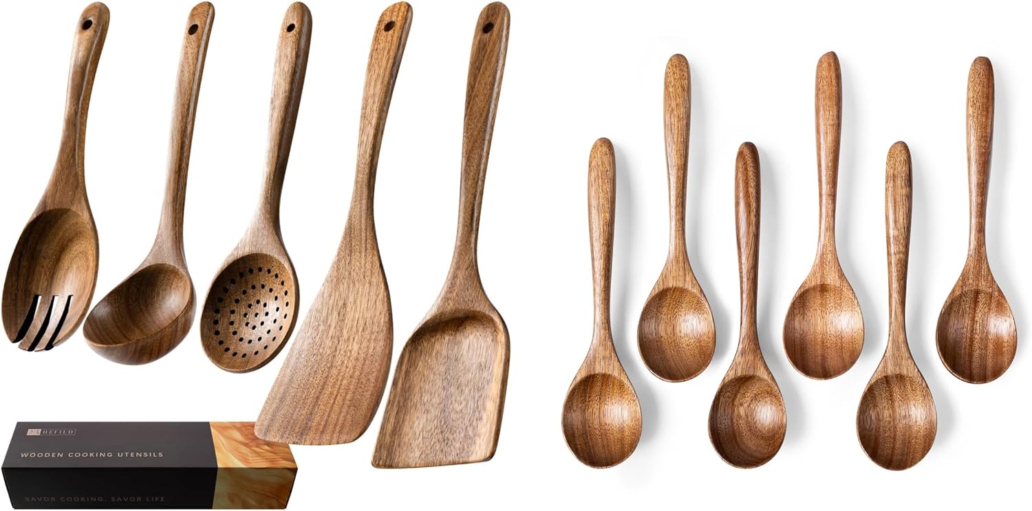 Nonstick Cooking Utensil Set with 5 Piece Acacia Wooden Spatulas and Spoons for Cooking & 6 PCS Wooden Spoons for Honey, 6.7 inch Small Wooden Spoons