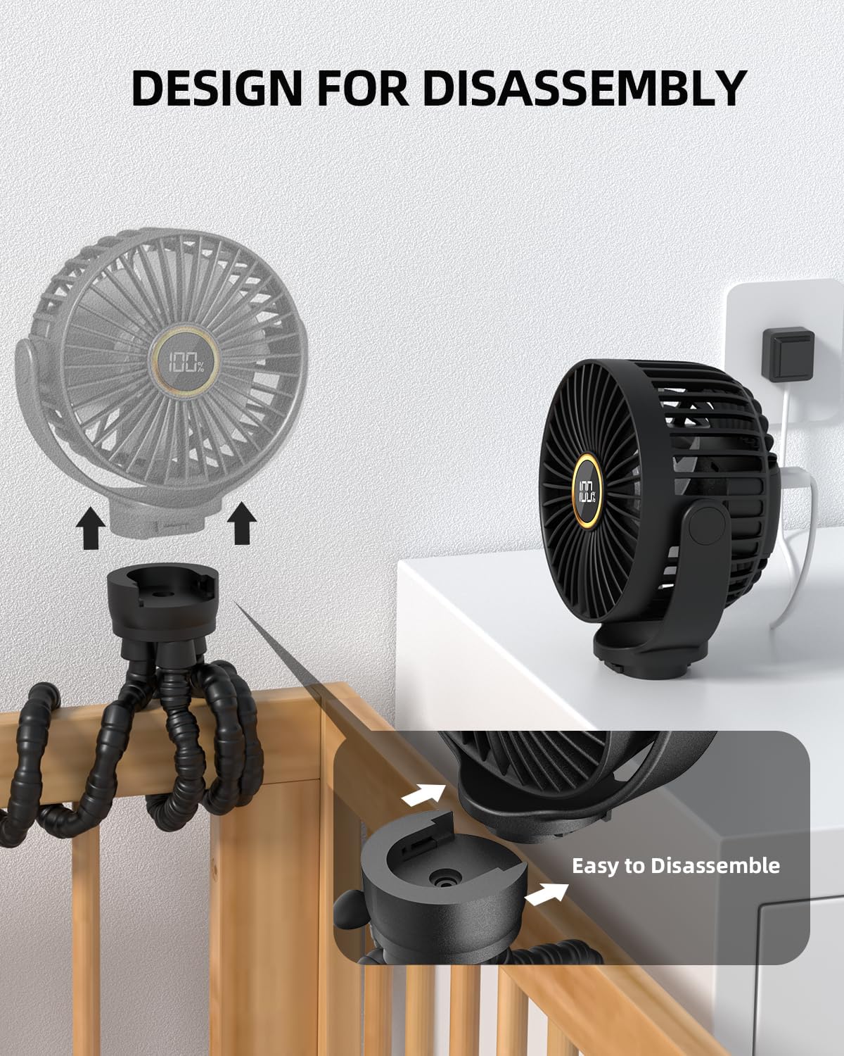 TUNISE Kinderwagen-Clip-Ventilator, wiederaufladbar, leiser bürstenloser Motor mit LED, 3 Geschwindigkeiten, 360° Drehung, abnehmbares Stativ, für Kinderwagen, Laufband, Hand- und Tischgebrauch