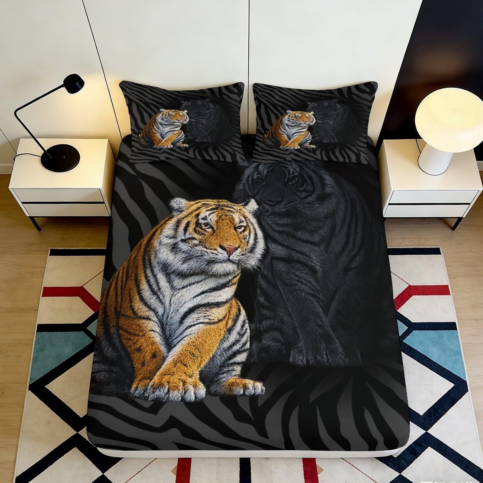3D Printed Majestic Tiger Fitted Sheet Microfiber Soft Black Bedroom Decor Wild Animal Mattress Cover for Home Dorm Room 90x200x25cm