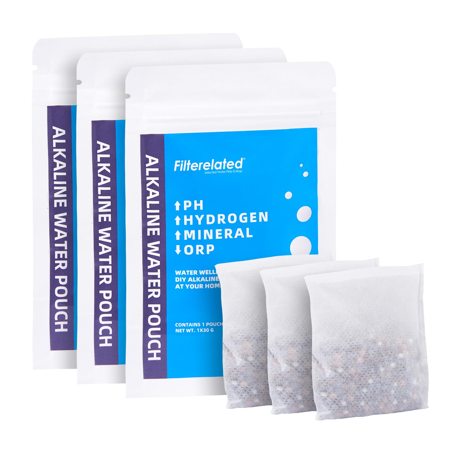 Filterelated Alkaline Water Filter Pouch 30g, Long-Lasting 105 litres / 28 Gallons, Raise pH to 9+, BPA-Free SGS Tested, Portable Water Filter for Home, Camping, Travel, Office (3-Pack)