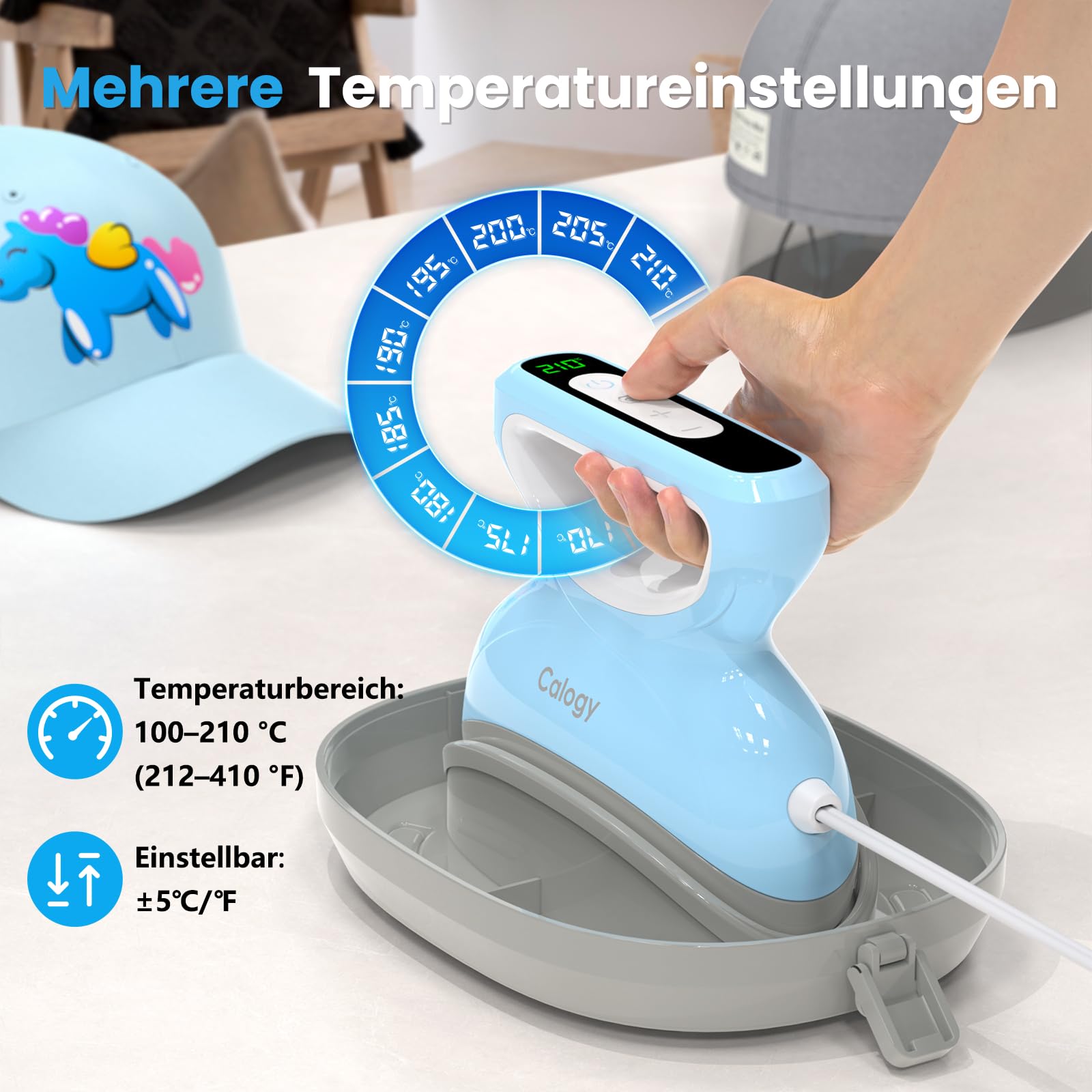 Calogy Mützen Heat Press Mini, Countdown Kappen Druckmaschine Max Temp 210℃ mit Runde Pressbasis Kappen Druckmaschine, Heißpresse für Caps, Lätzchen, Snapbacks, Beanies, Trucker-Mützen